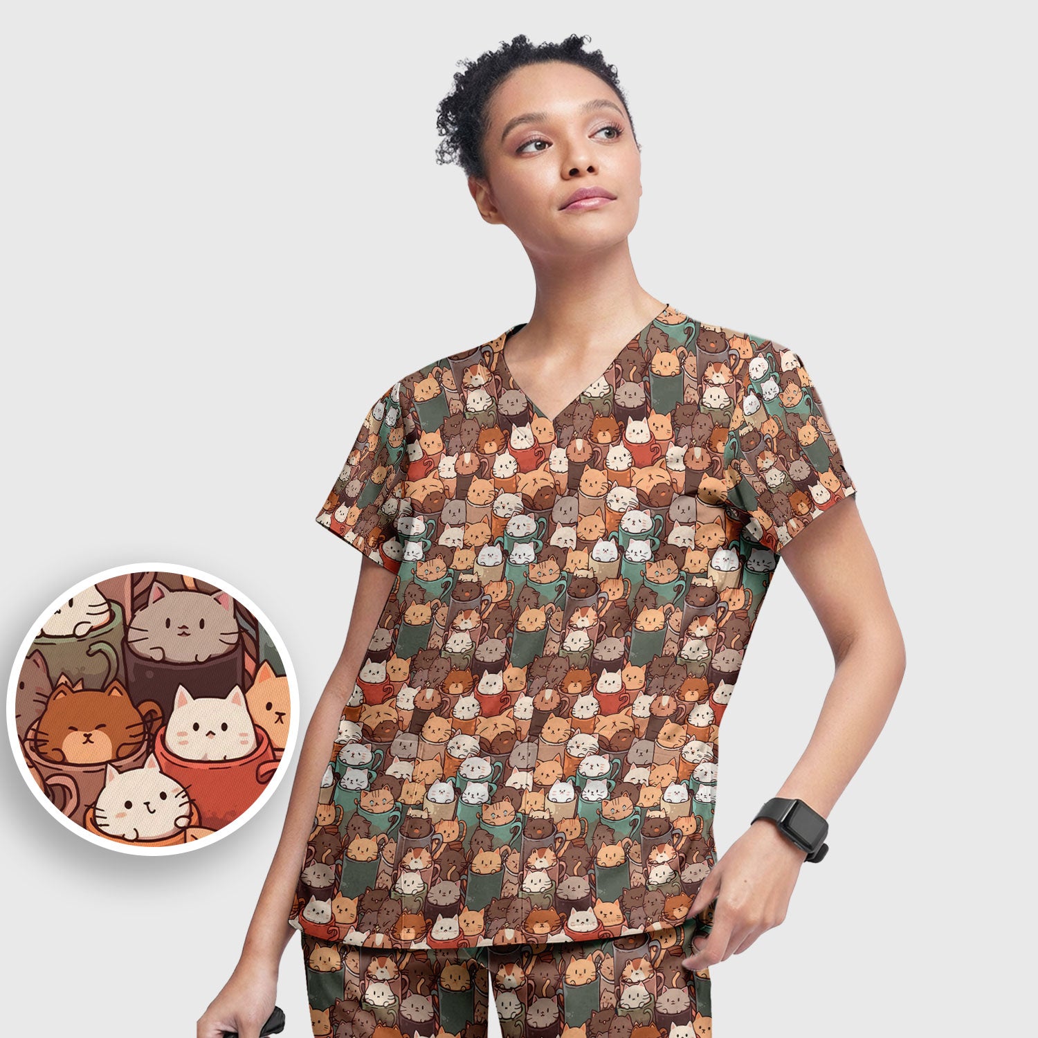 Cute Coffee Cat Scrub Set, Cozy Kittens in Mug Pattern Nurse Shirt, Breathable Fabrics Nursing Uniform
