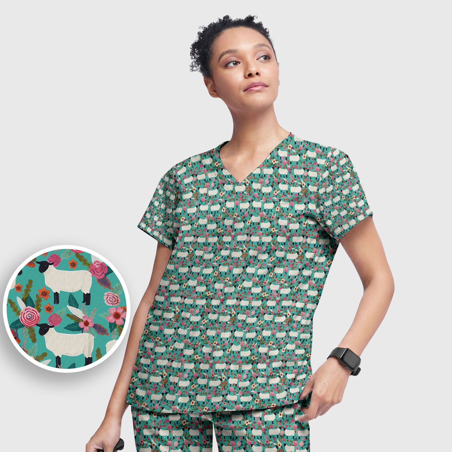 Cute Sheep Floral Meadow Pattern Scrub Set, Nurse Uniform Scrubs Set