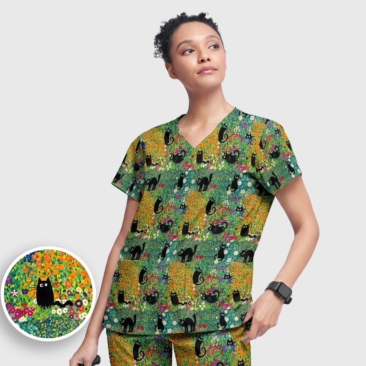Black Cat Flower Garden Pattern Scrub Set, Scrub Pants and V Neck Top