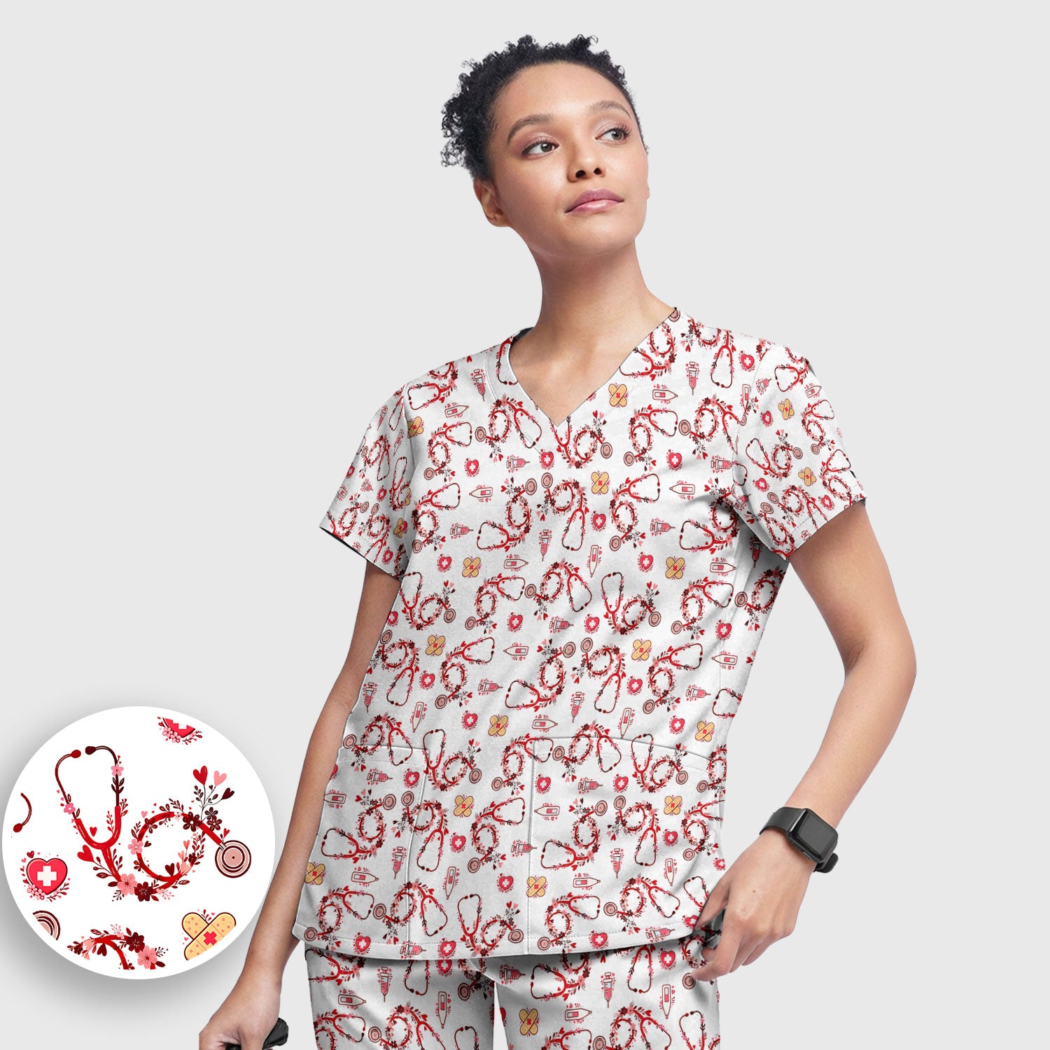 Heart Stethoscope Medical Pattern Scrub Set, Breathable Med Uniform