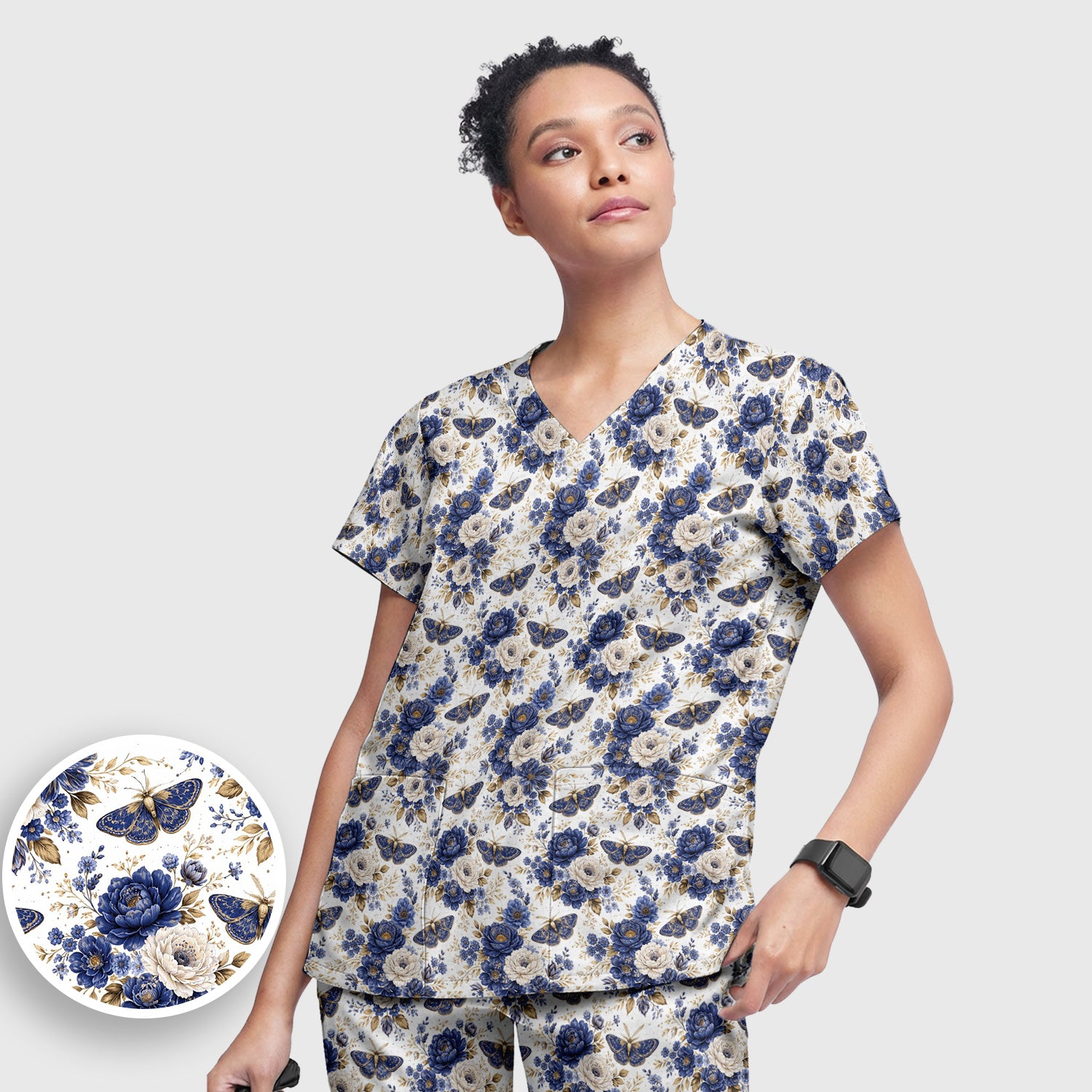 Cute Blue Floral Moth Pattern Scrub Set, Scrub Pants and V Neck Top