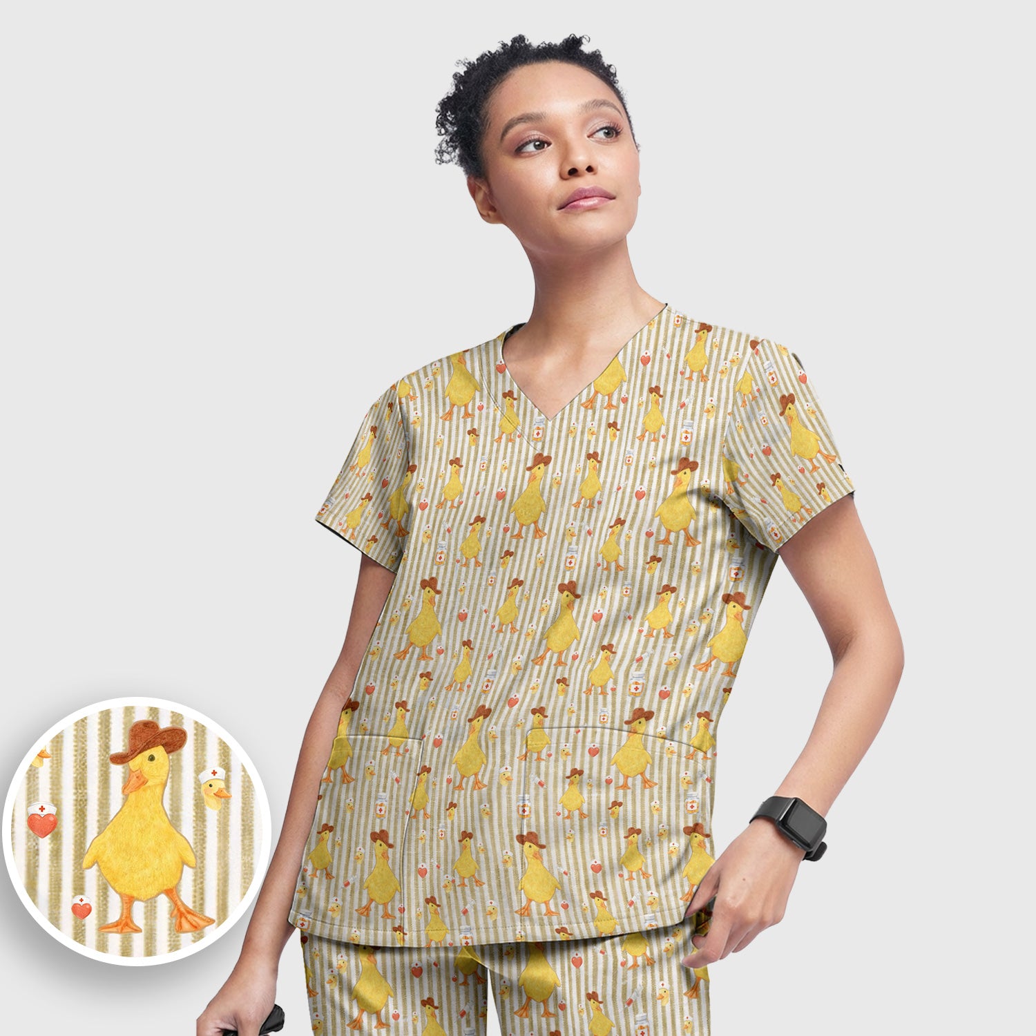 Cowboy Ducktor Vertical Stripe Pattern Scrub Set, Breathable Med Uniform