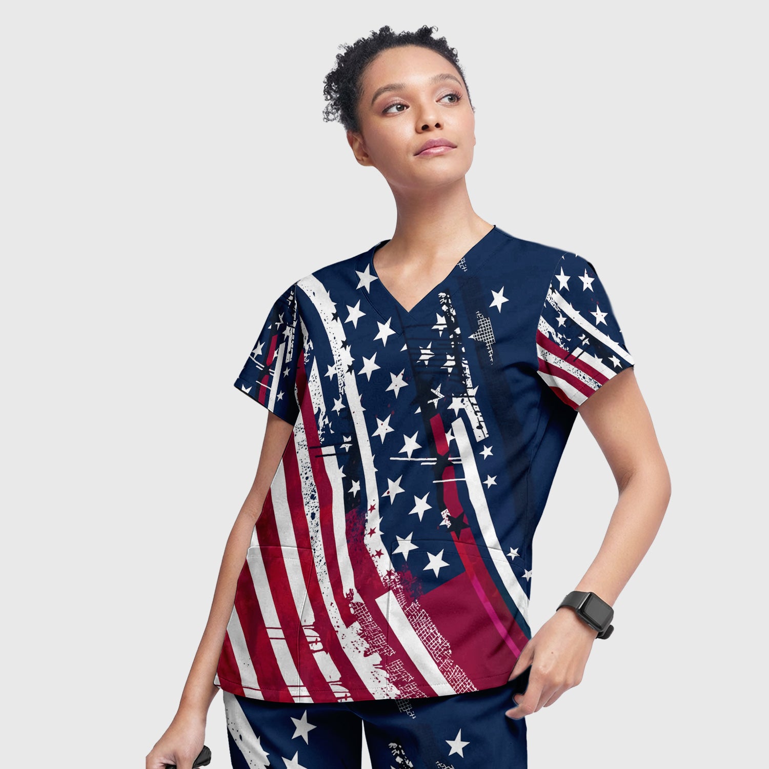 Patriotic USA Flag Stars And Stripes Grunge Pattern Scrub Set, Scrub Pants and V Neck Top