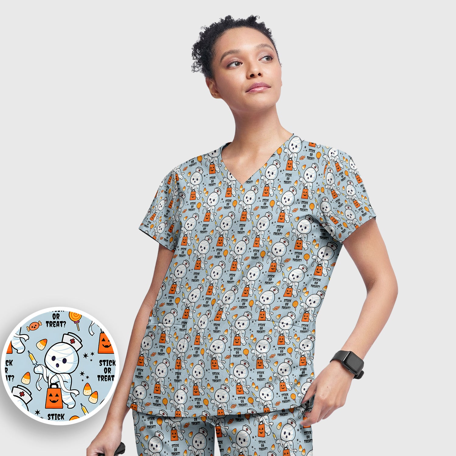 Funny Halloween Stick Or Treat Mummy Nurse Scrub Set, Scrub Pants and V Neck Top