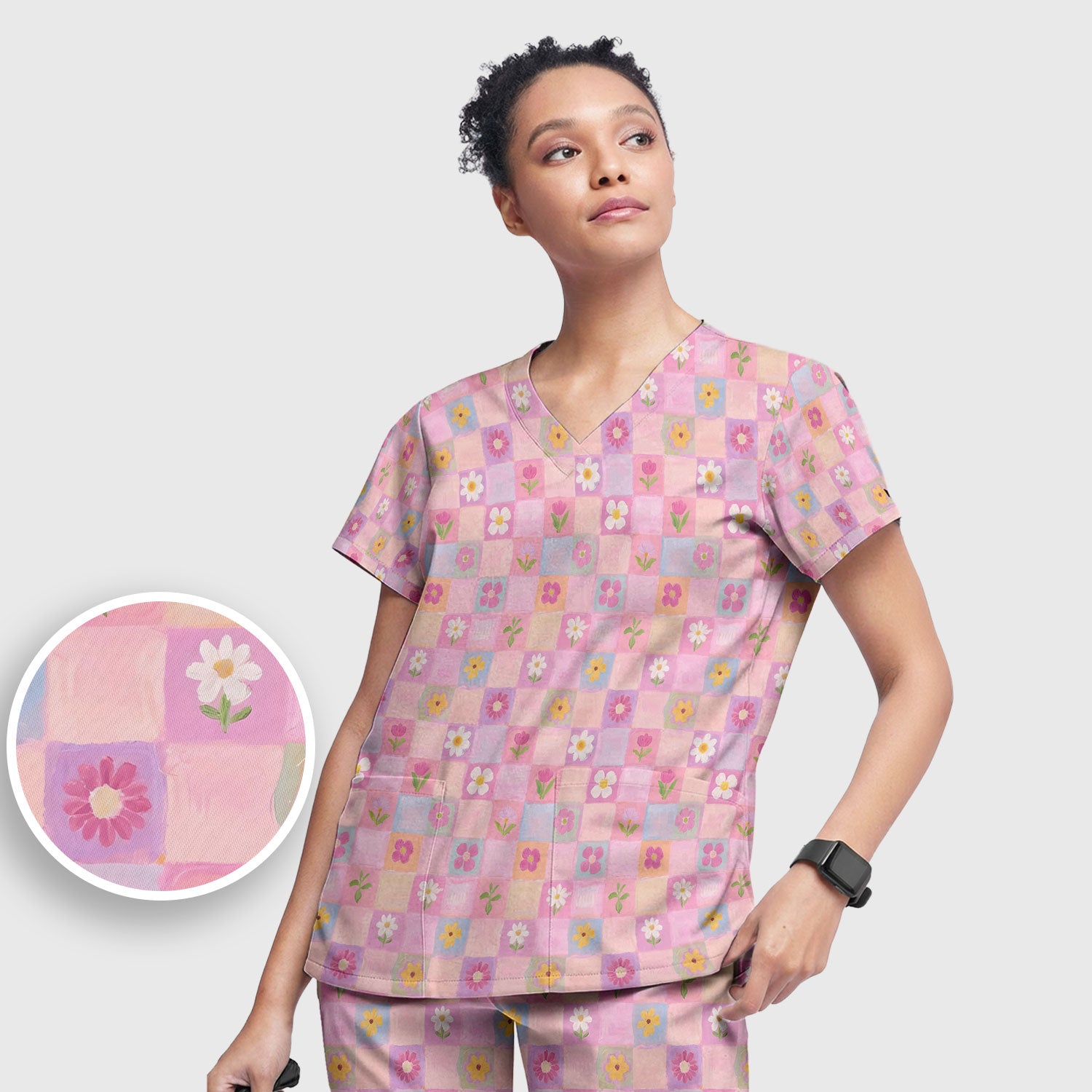 Lovely Pastel Floral Patchwork Pattern Scrub Set, Scrub Pants and V Neck Top