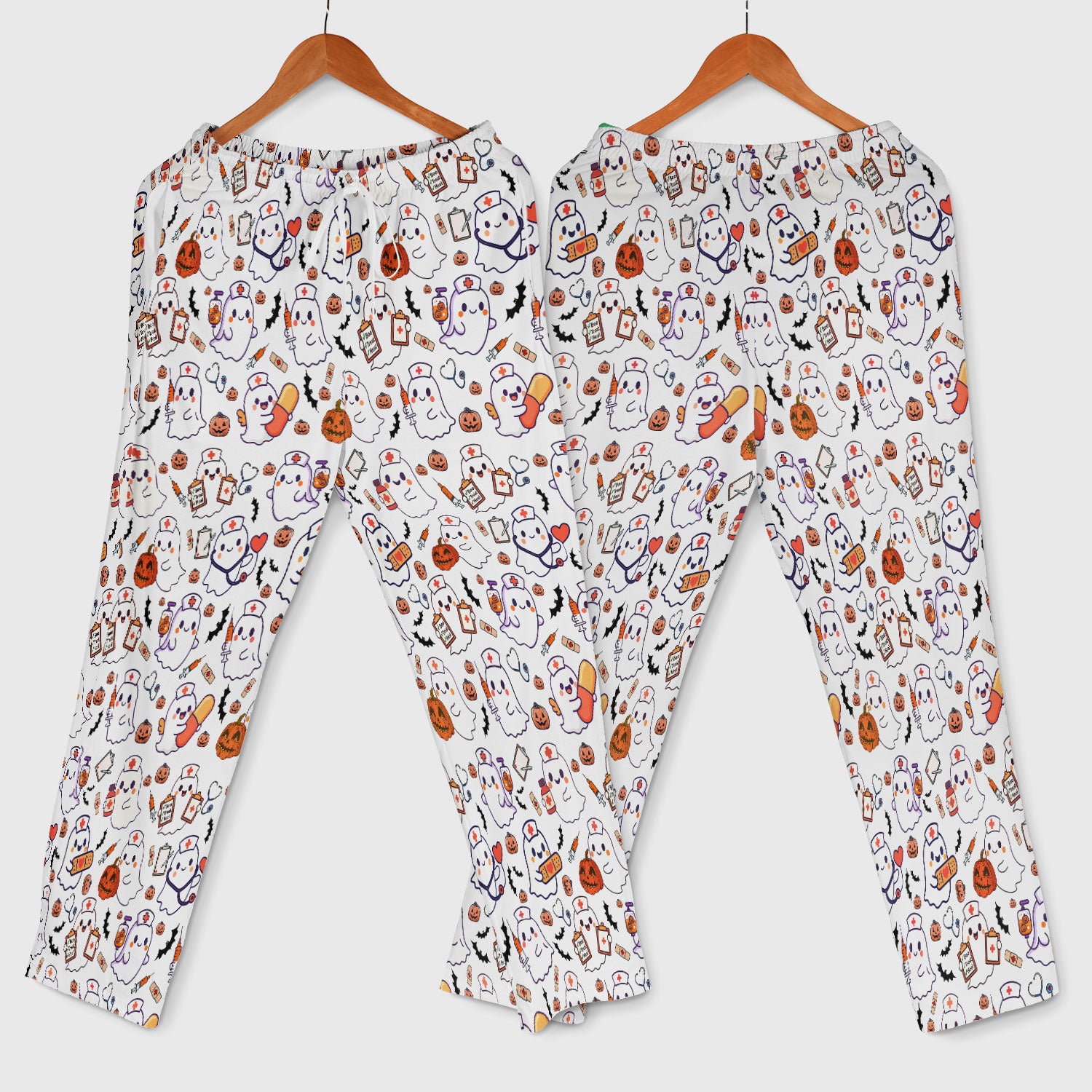 Women's Scrub Sets Halloween Gift - Comfortable Scrubs for Nurses - Pumpkin Ghost Scrub Pants and V Neck Top