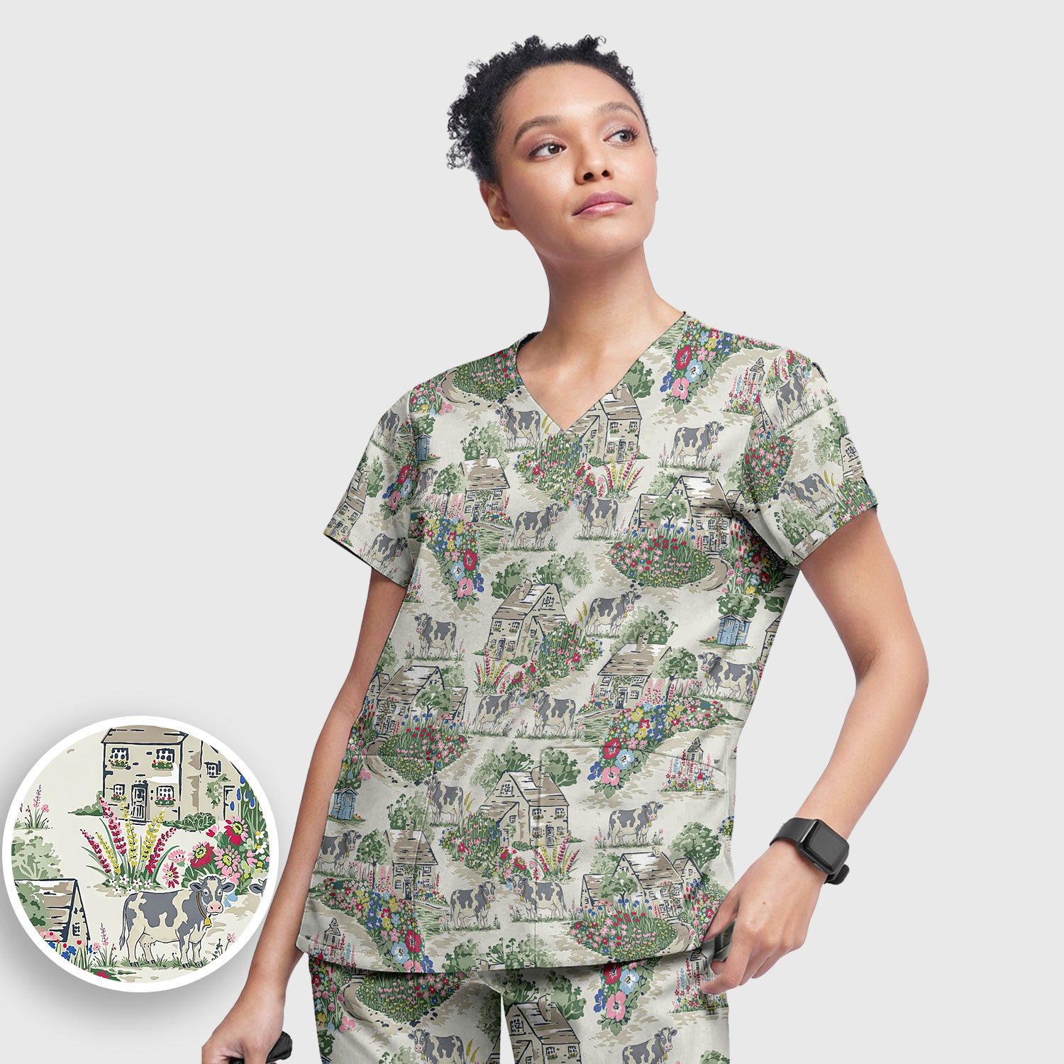 Charming Countryside Cows Cottage Garden Pattern Scrub Set, Scrub Pants and V Neck Top