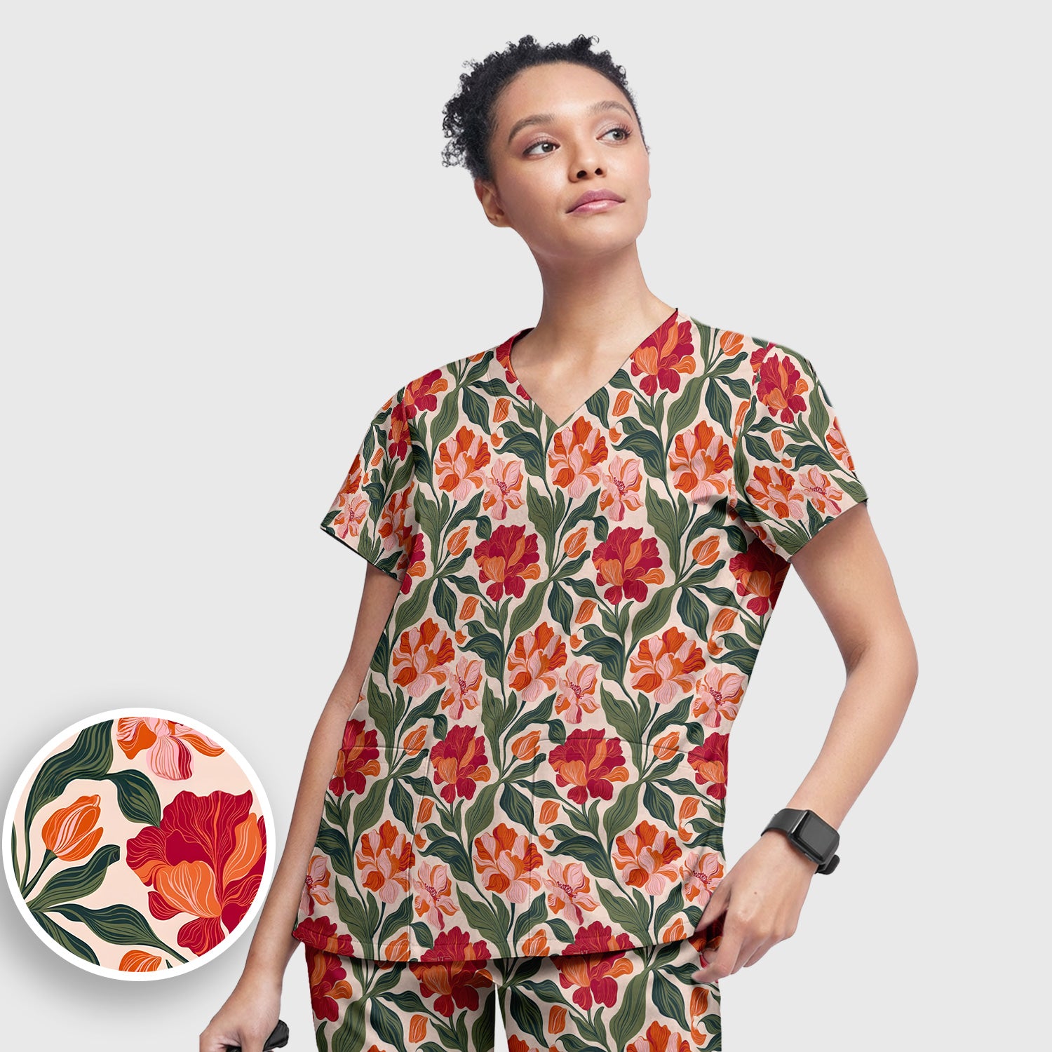 Pretty Tropical Floral Print Scrub Set, Scrub Pants and V Neck Top