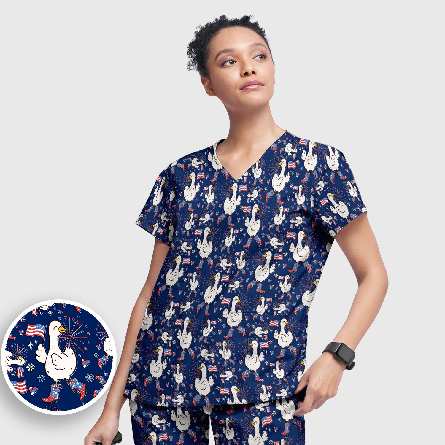 Patriotic Goose With USA Flag Fireworks Scrub Set, Breathable Fabrics Nursing Uniform