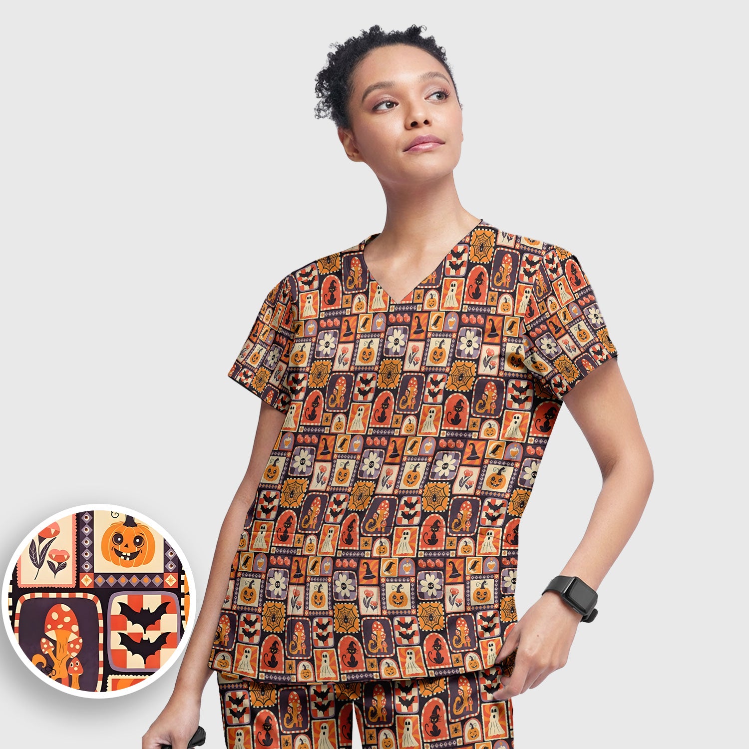 Retro Halloween Patchwork Icons Scrub Set, Scrub Pants and V Neck Top