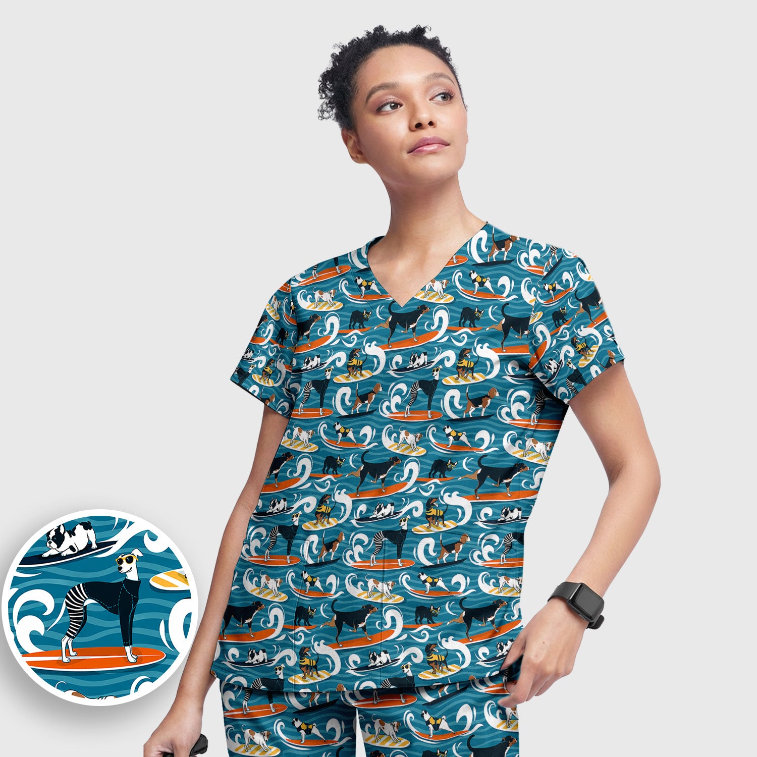 Surfing Dogs Ocean Wave Print Scrub Set, Scrub Pants and V Neck Top