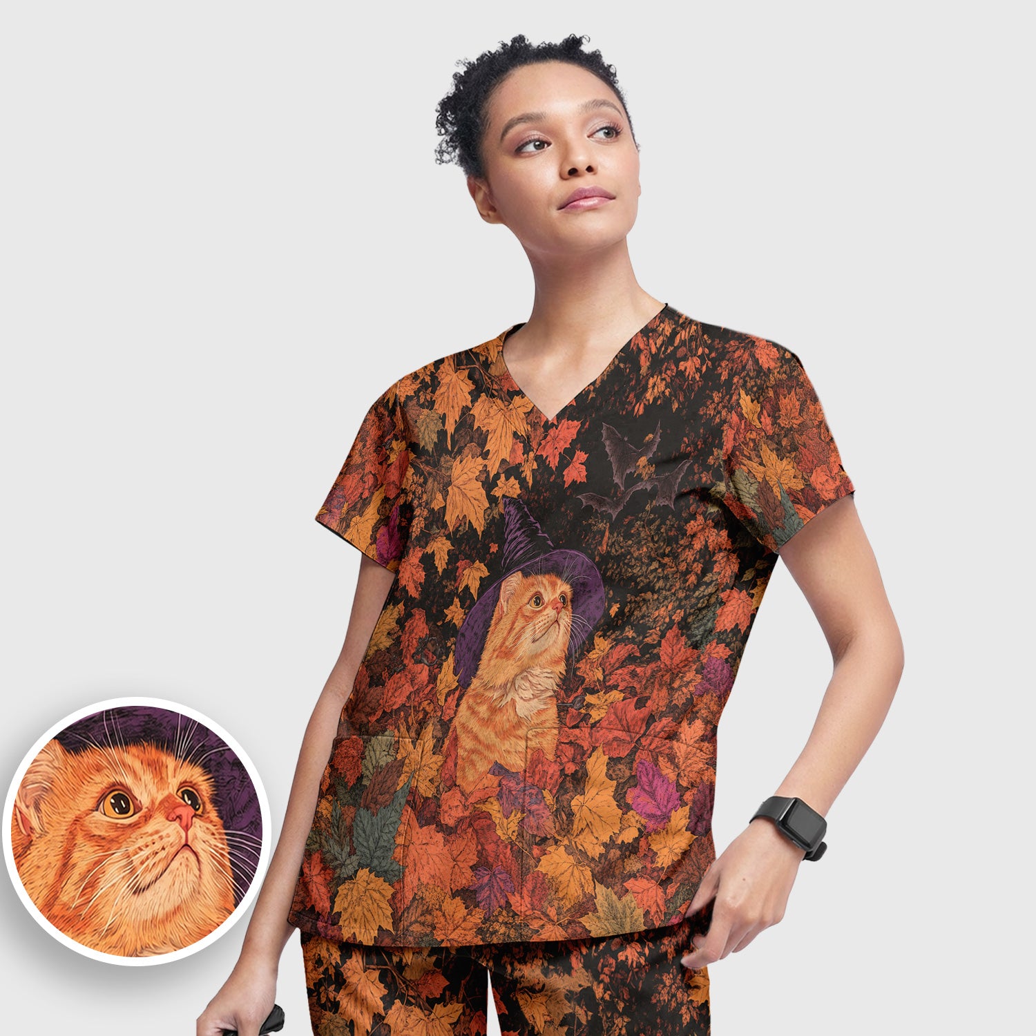 Autumn Cat with Fall Leaves Scrub Set, Scrub Pants and V Neck Top