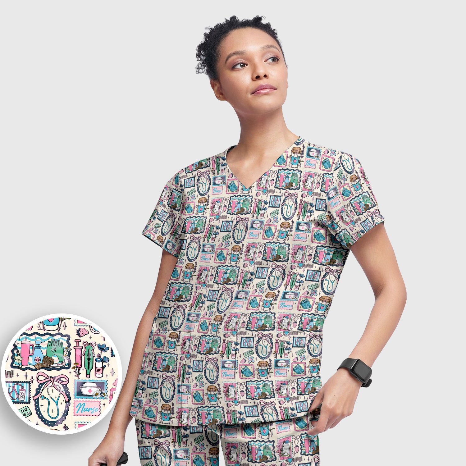 Medical Tools Stethoscope Syringe Frame Scrub Top, Breathable Fabrics Nursing Uniform
