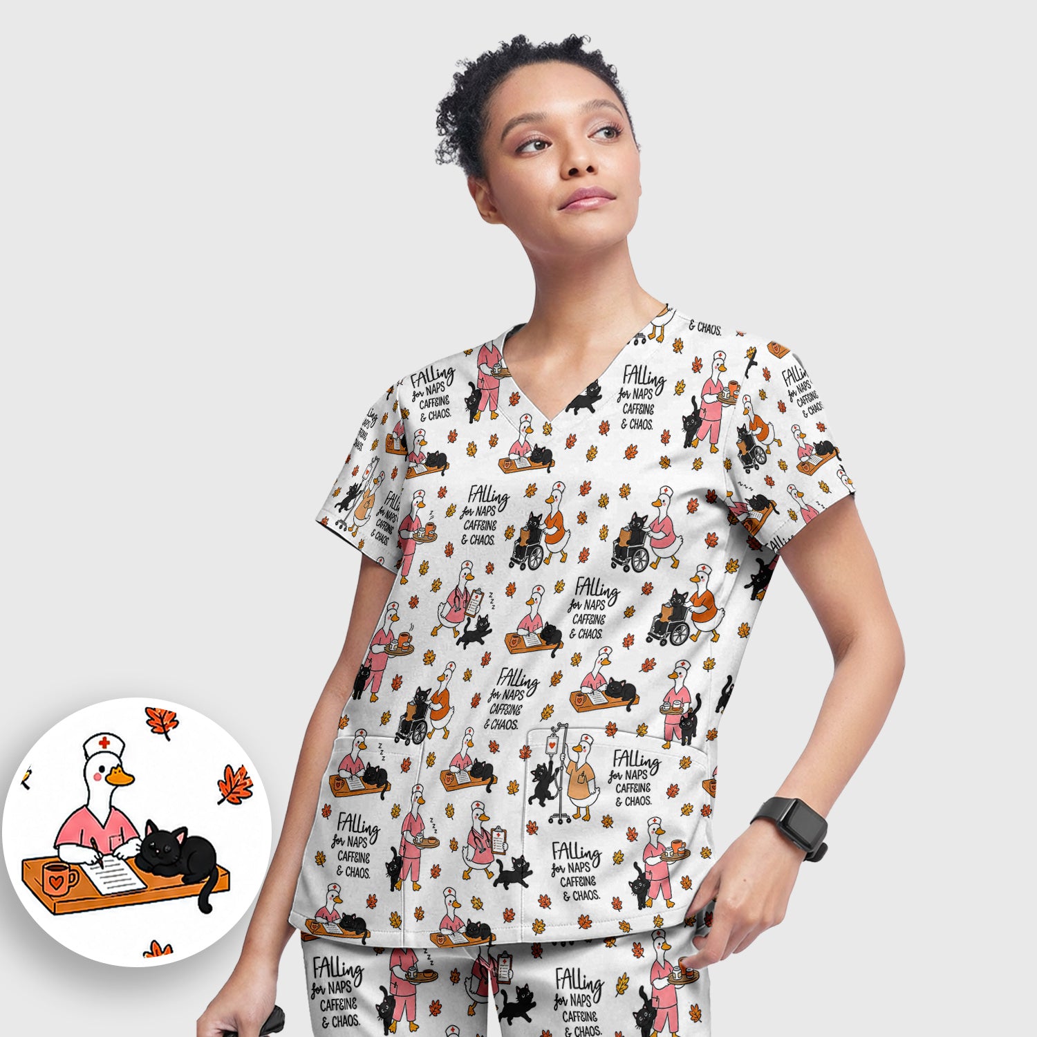 Funny Fall Nurse Goose And Black Cat Scrub Set, Scrub Pants and V Neck Top