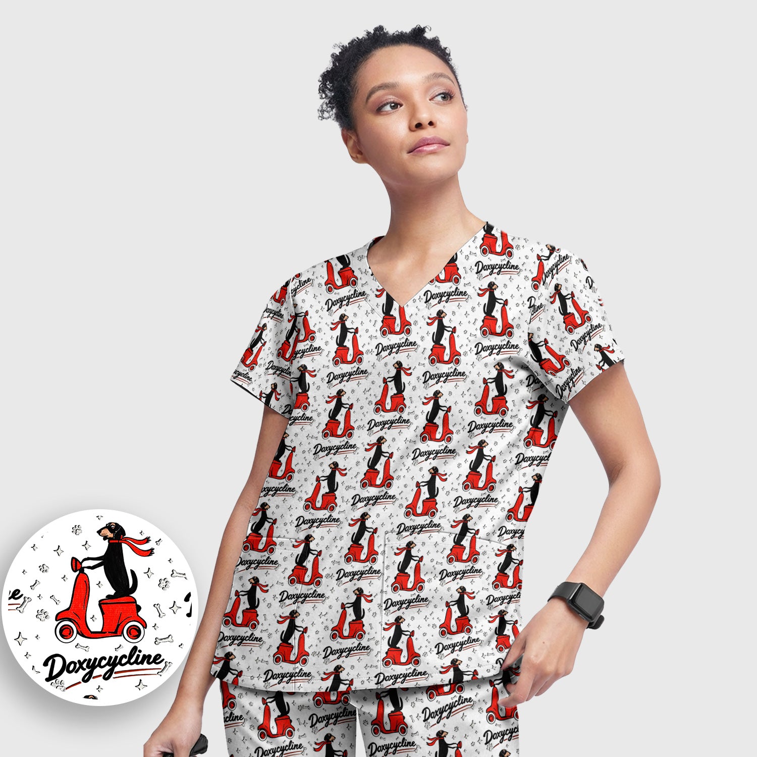 Funny Dachshund Riding Scooter Doxycycline Print Scrub Set, Breathable Med Uniform