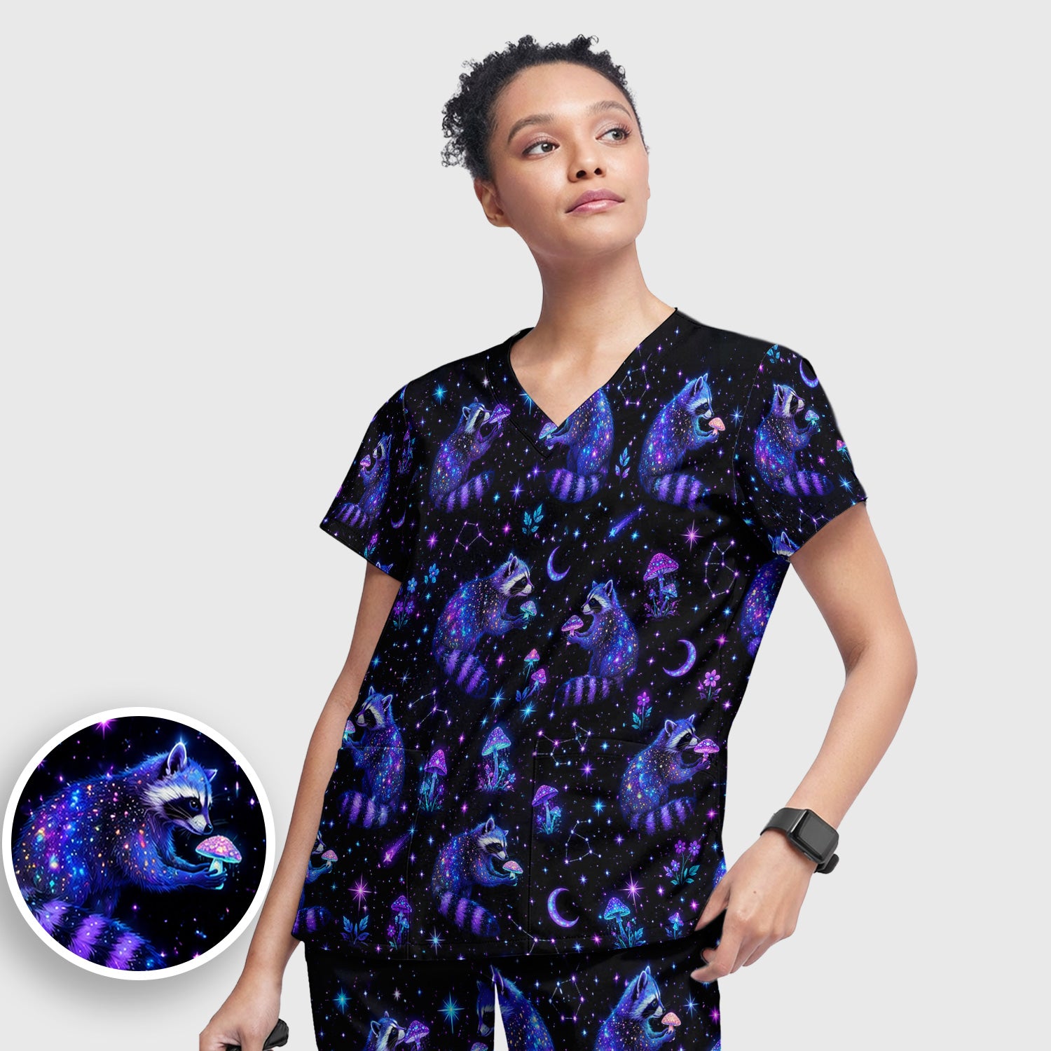 Galaxy Raccoon With Mushroom Night Scrub Set, Scrub Pants and V Neck Top