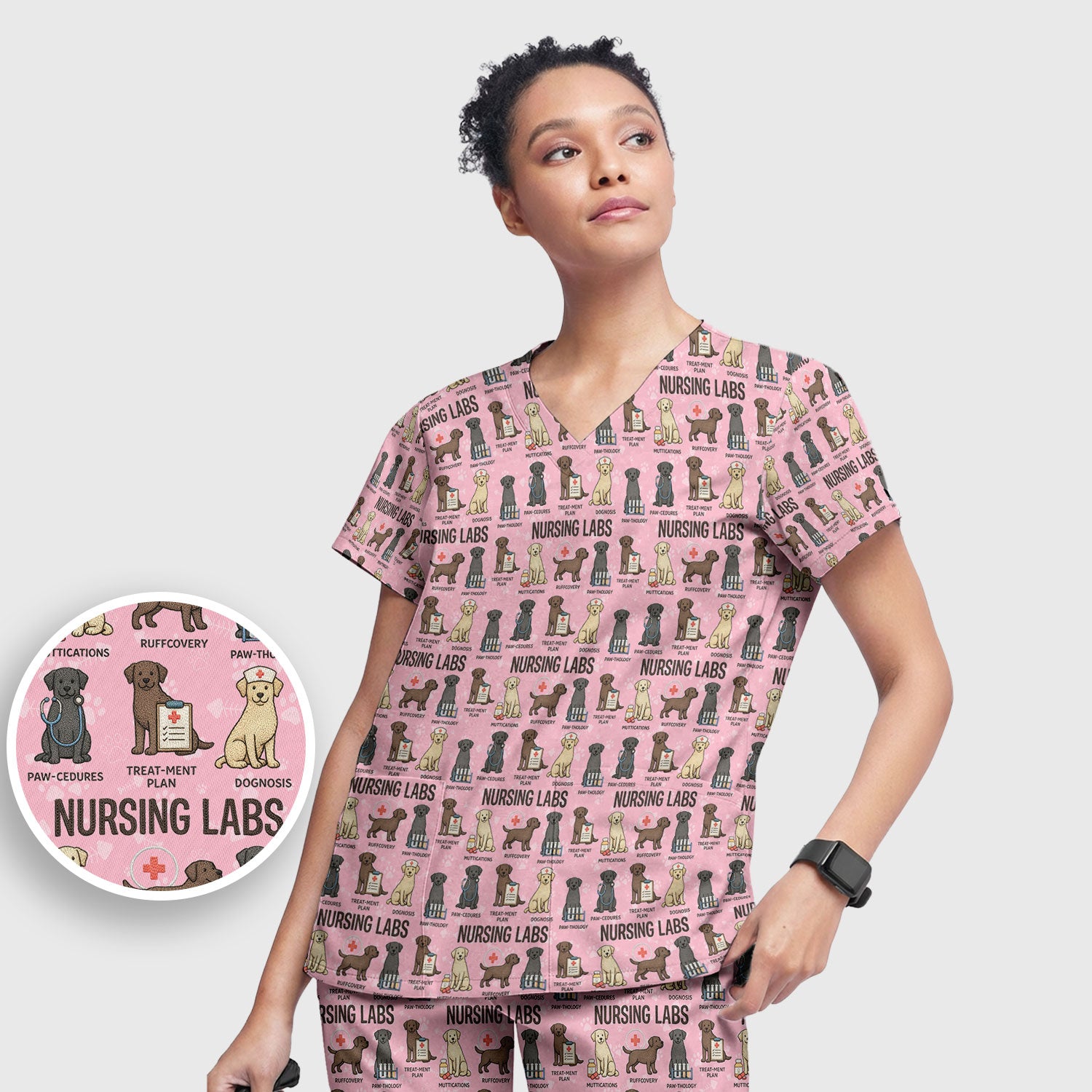 Playful Nursing Labs Dog Pattern Scrub Set, Nurse Uniform Scrubs Set