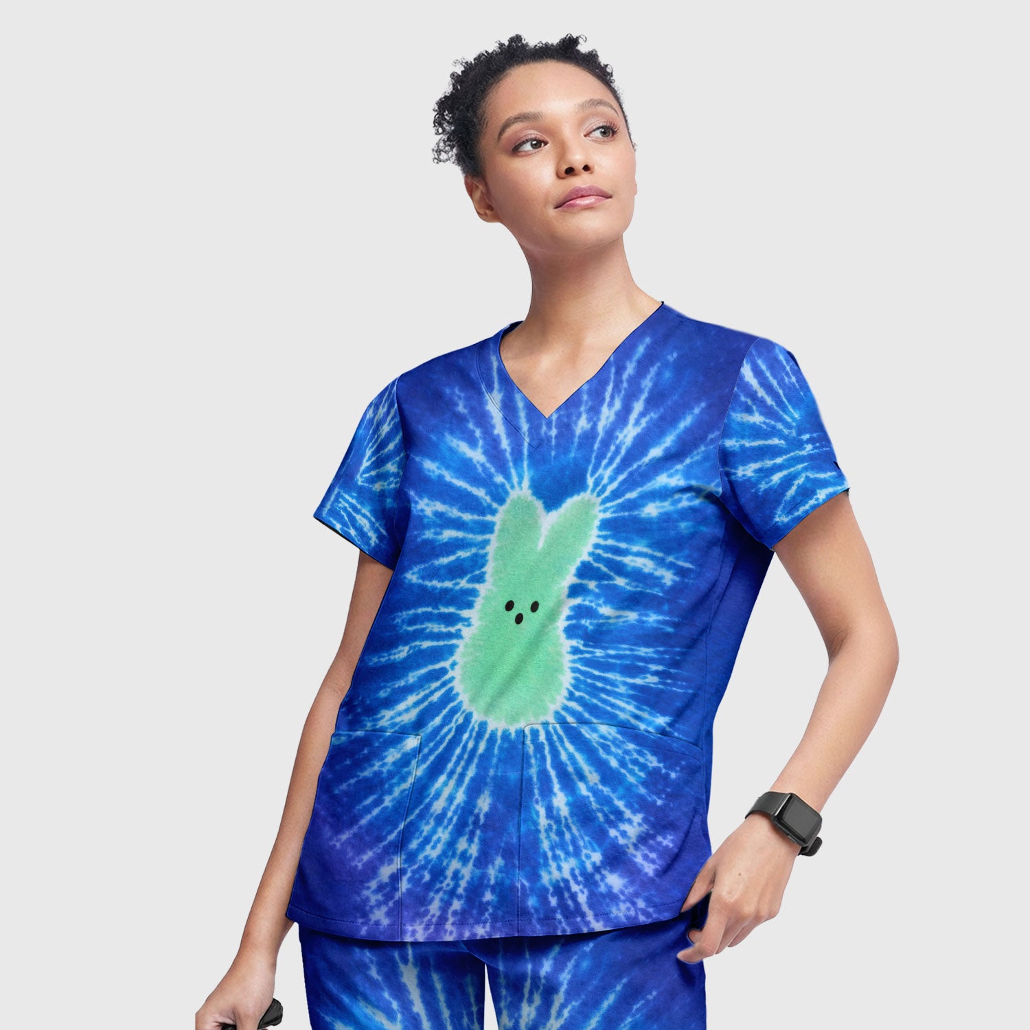 Easter Peep Tie Dye Scrub Set, Easter Bunny Nurse Shirt For Women, Breathable Fabrics Nursing Uniform