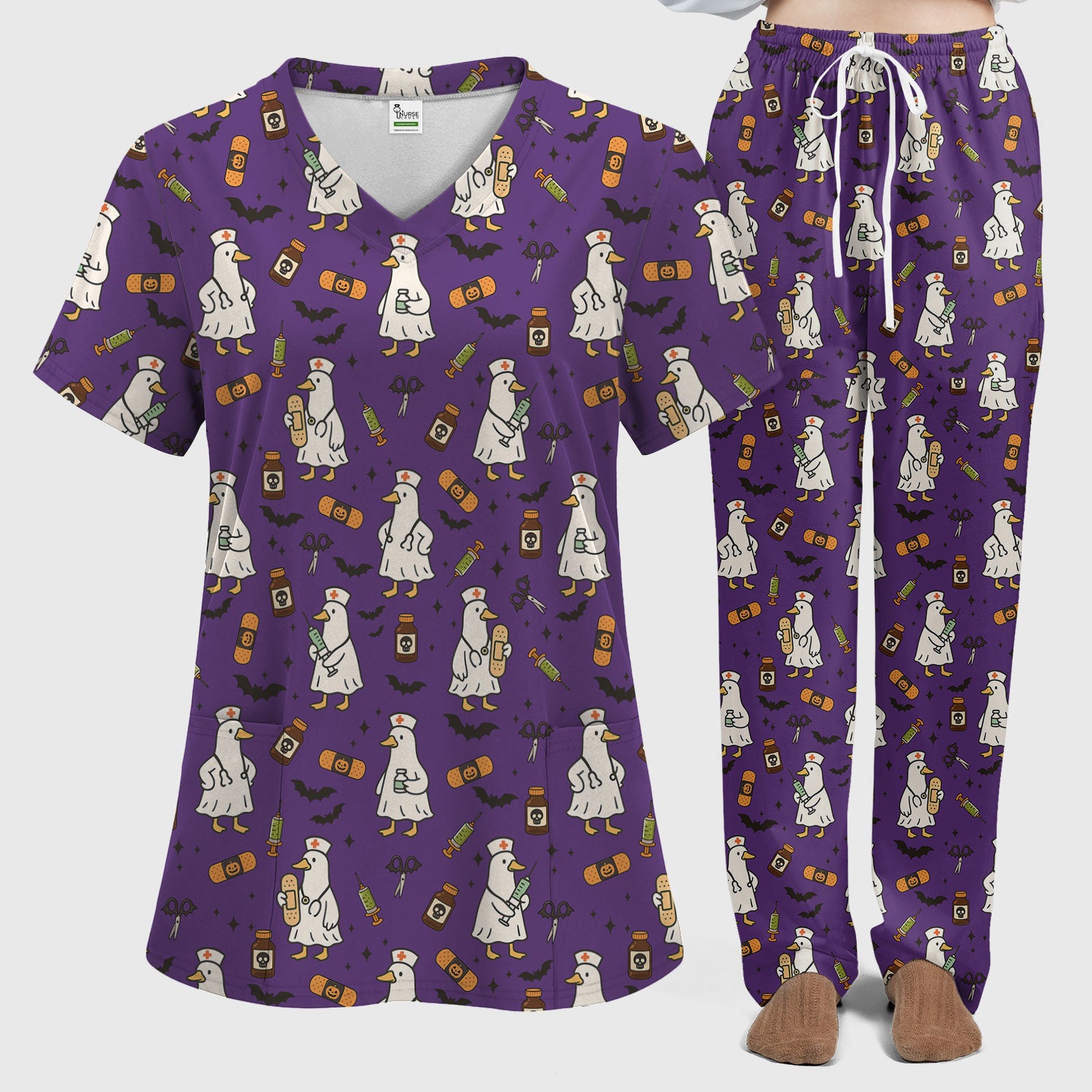 Goose Halloween Nurse Scrub Set - Quirky Duck Medical Pattern - Funny Spooky Nursing Outfit Gift for Women RN LPN CNA