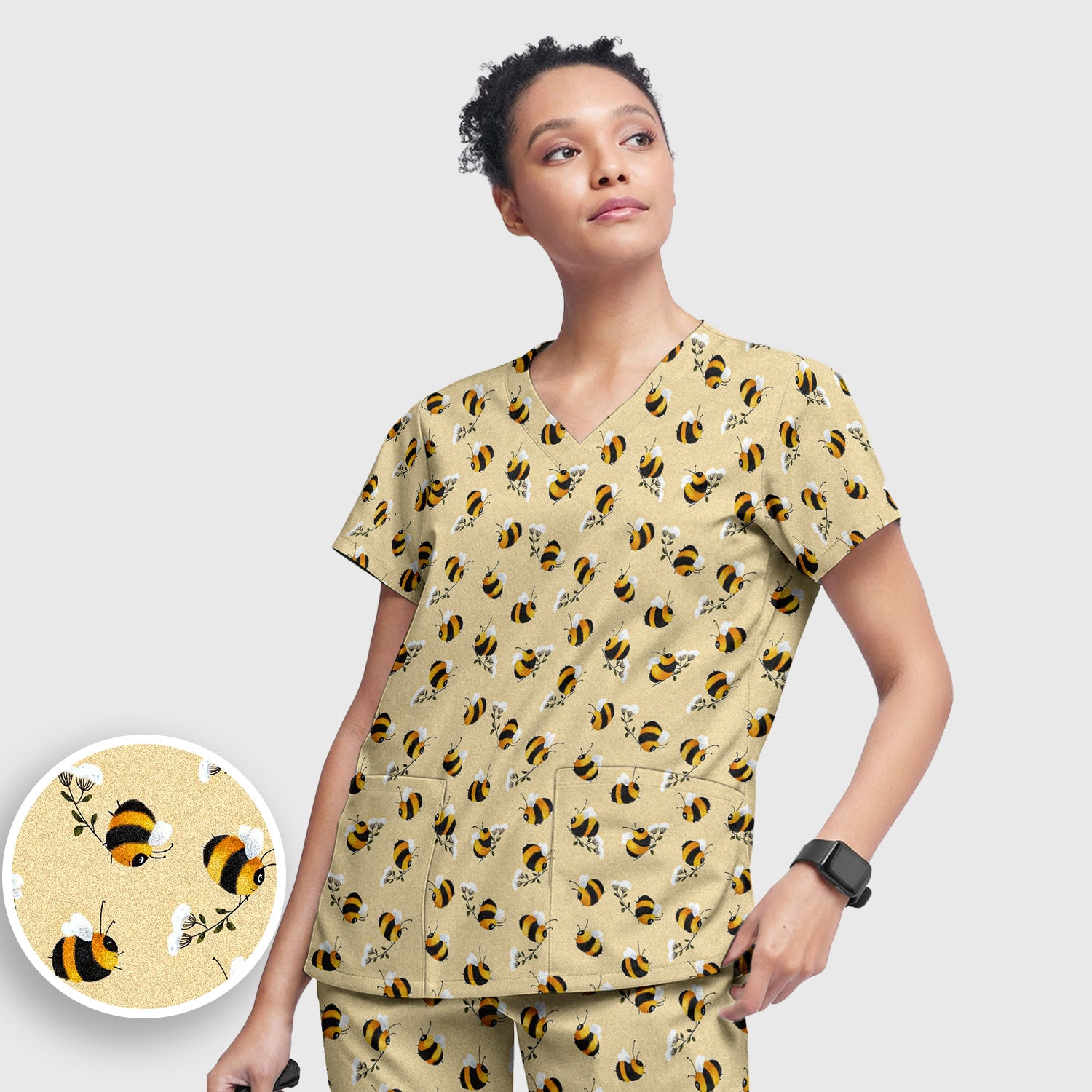 Cute Bumble Bee Blossom Pattern Scrub Set, Scrub Pants and V Neck Top