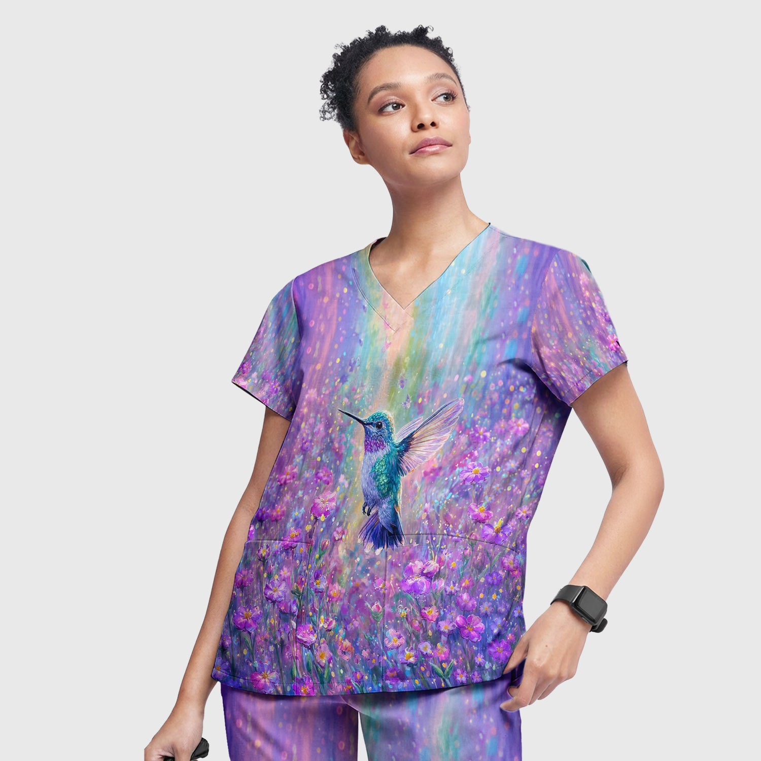 Watercolor Hummingbird with Purple Floral Garden Print Scrub Set, Scrub Pants and V Neck Top