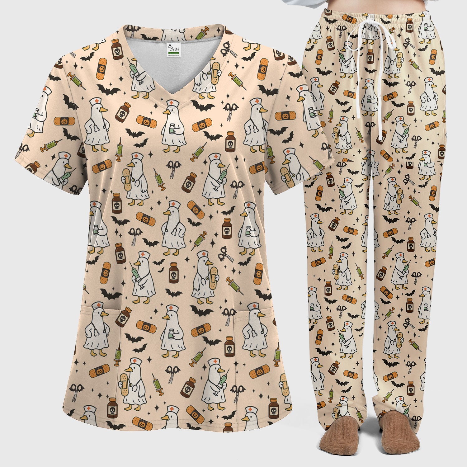 Goose Halloween Nurse Scrub Set - Quirky Duck Medical Pattern - Funny Spooky Nursing Outfit Gift for Women RN LPN CNA