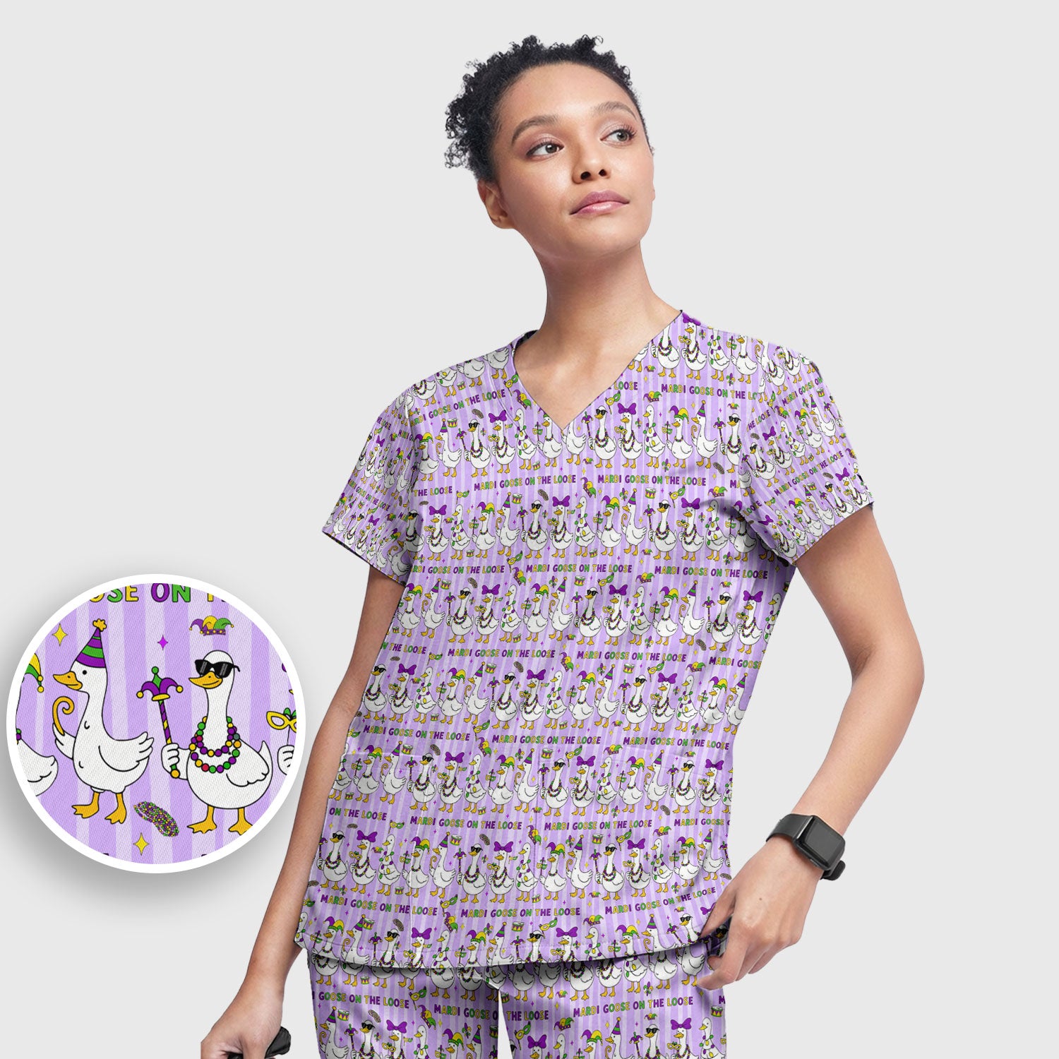 Mardi Gras Goose Nurse Scrub Set, Funny Carnival Medical Pattern Nurse Shirt, Breathable Fabrics Nursing Uniform
