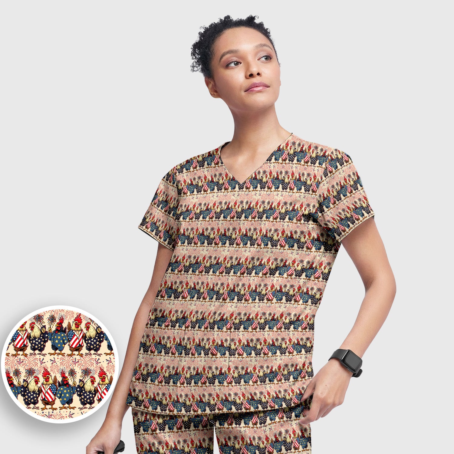 Patriotic Rooster Fireworks Pattern Scrub Set, Scrub Pants and V Neck Top
