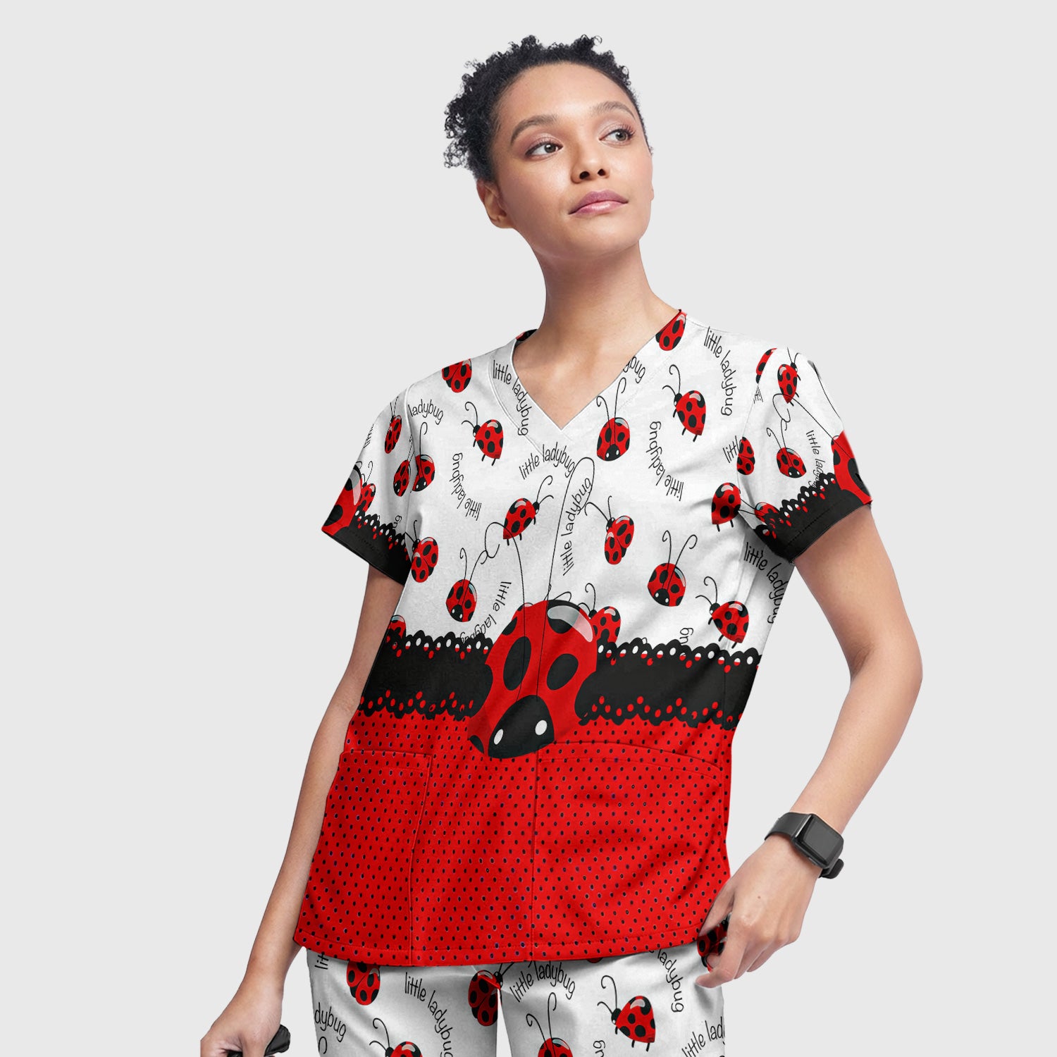 Cute Little Ladybug Polka Dot Pattern Scrub Set, Scrub Pants and V Neck Top