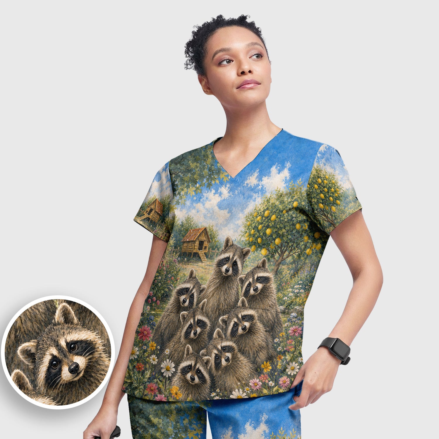 Adorable Raccoon Family Garden Pattern Scrub Set, Scrub Pants and V Neck Top