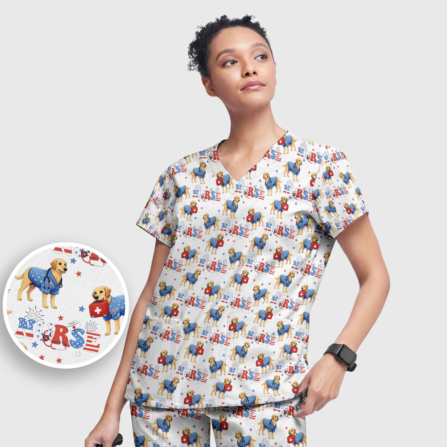 Patriotic Nurse Dog Medical Pattern Pattern Scrub Set, Women's Scrub Sets