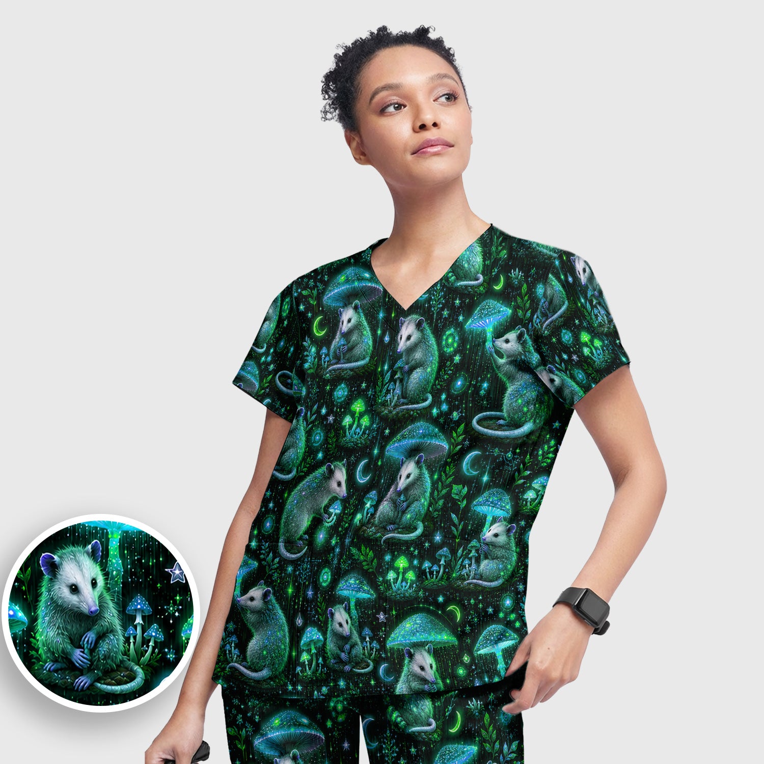 Moonlit Opossum Mushroom Pattern Scrub Set, Scrub Pants and V Neck Top
