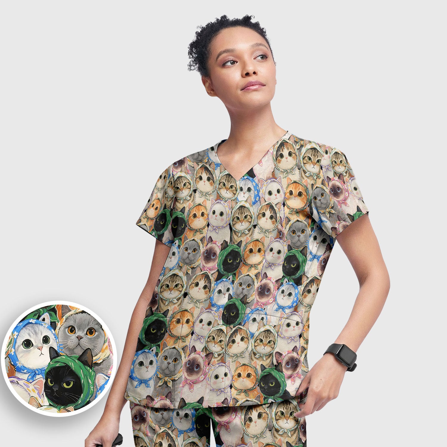 Adorable Multi Cat Portrait Pattern Scrub Set, Scrub Pants and V Neck Top
