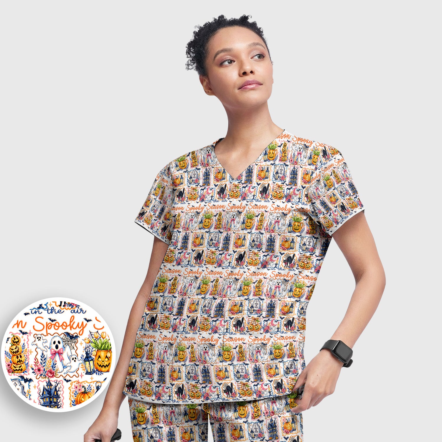 Spooky Halloween Pumpkin Ghost Pattern Scrub Set, Scrub Pants and V Neck Top