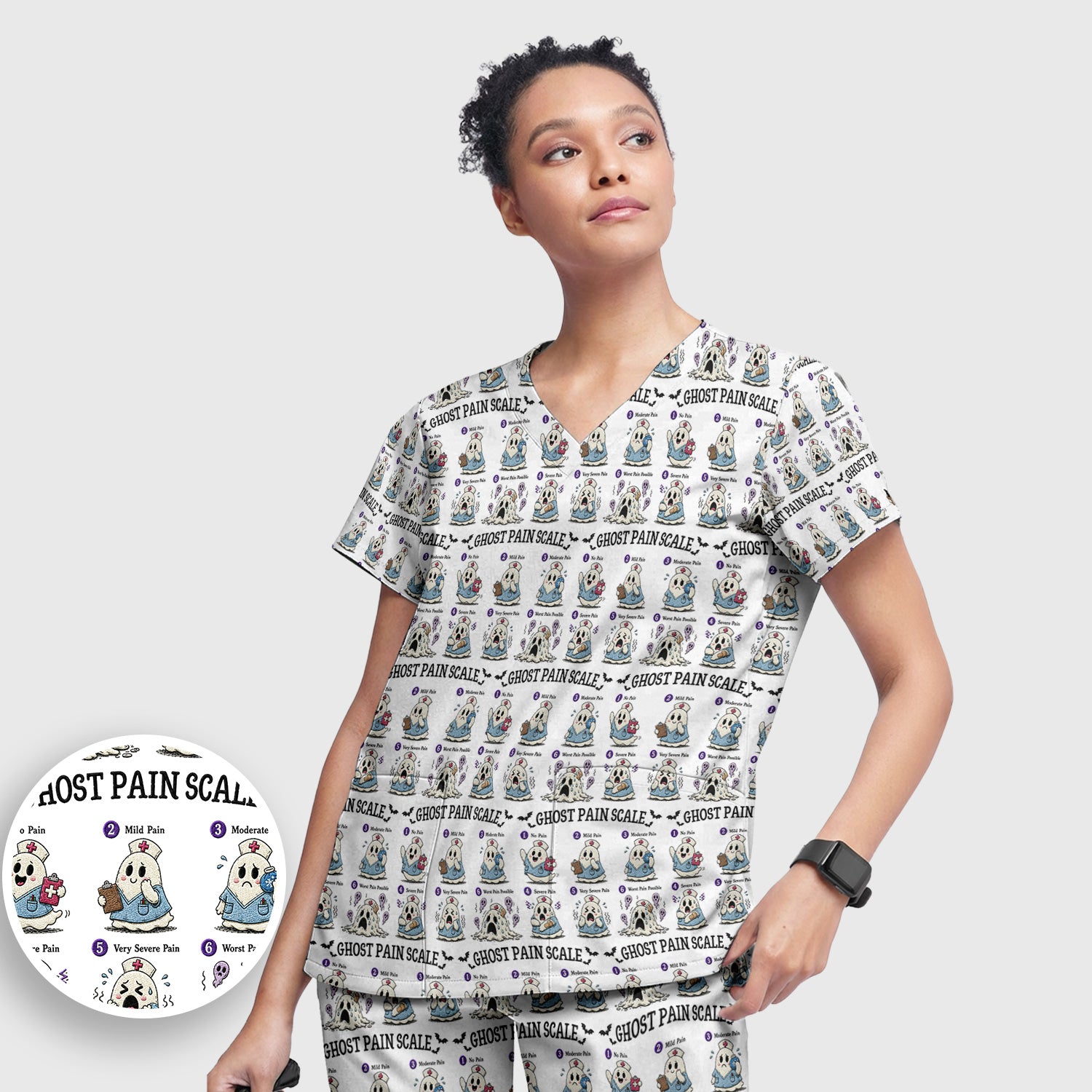 Funny Ghost Pain Scale Pattern Scrub Set, Scrub Pants and V Neck Top