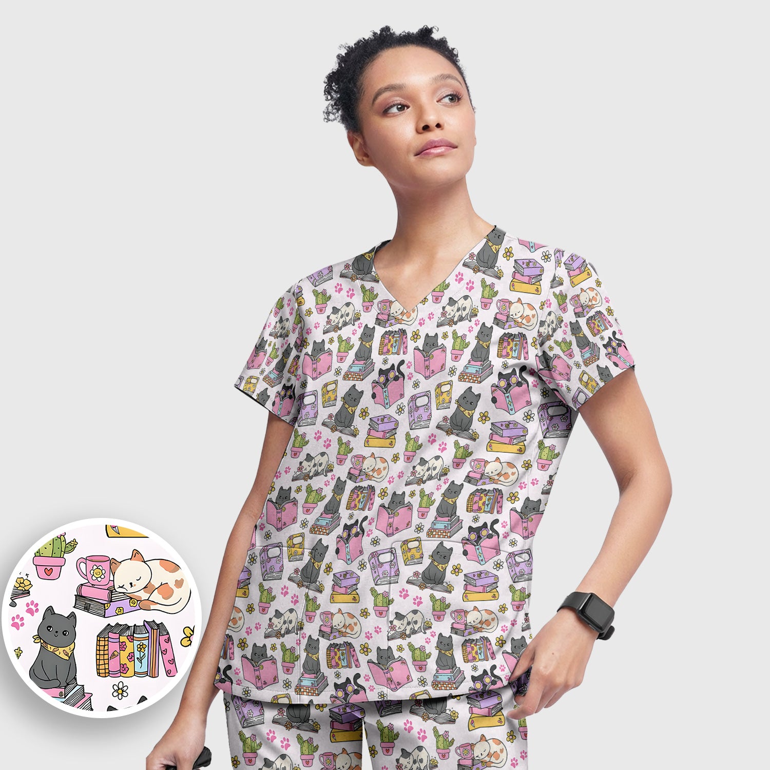 Cute Cat Book Cactus Seamless Pattern Scrub Set, Scrub Pants and V Neck Top
