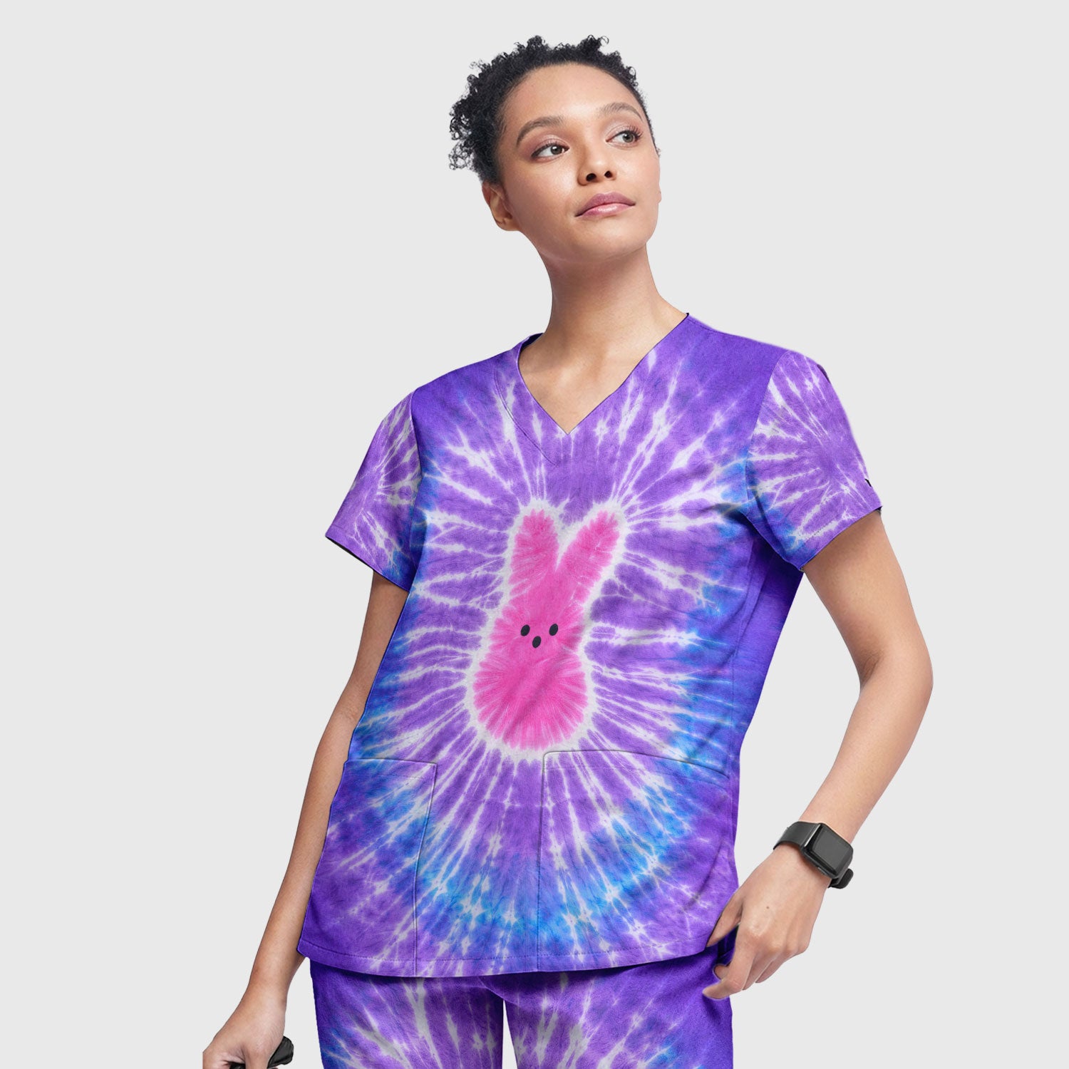 Easter Peep Tie Dye Scrub Set, Easter Bunny Nurse Shirt For Women, Breathable Fabrics Nursing Uniform