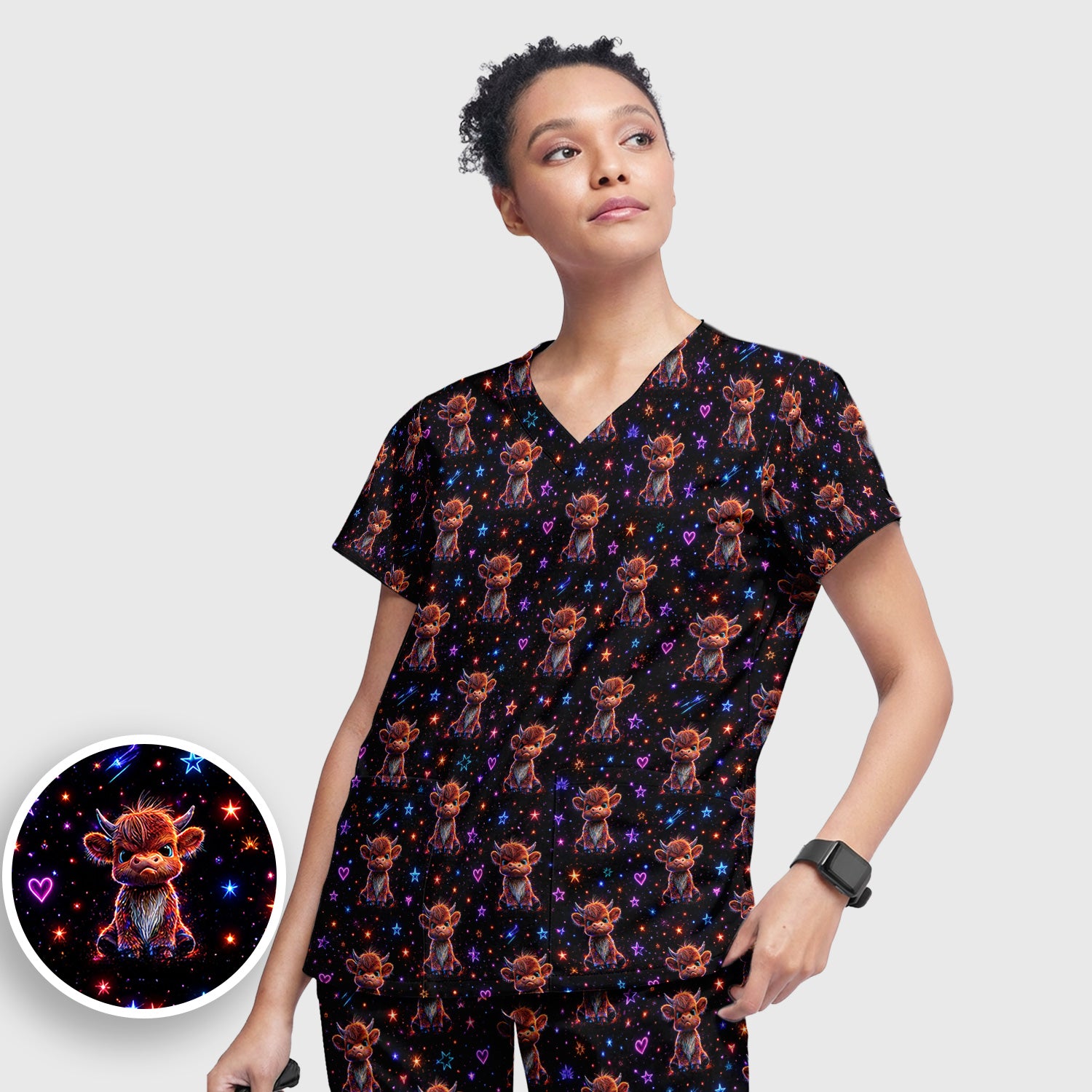 Neon Highland Cow Stars Pattern Scrub Set, Scrub Pants and V Neck Top