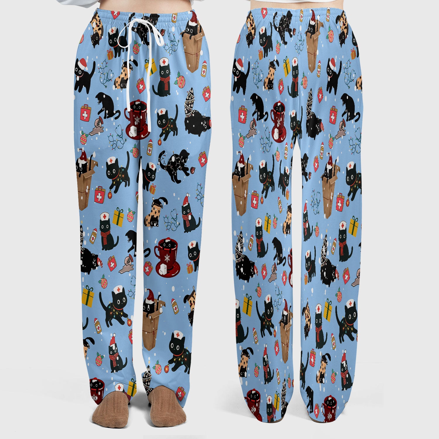 Funny Cat Scrub Sets for Women - Christmas Black Cats Pants and V Neck Top - Breathable Fabrics Nursing Uniform