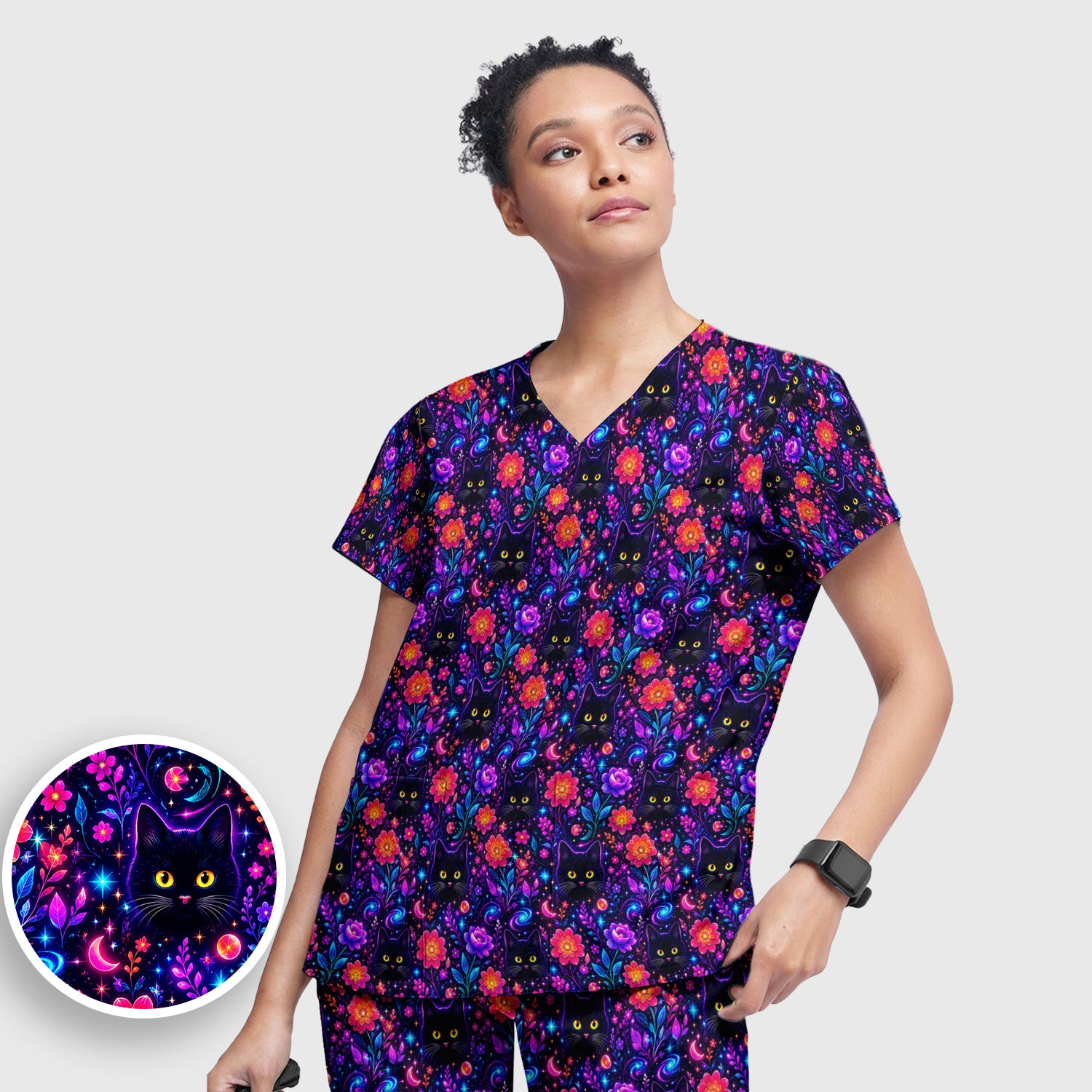 Galaxy Black Cat Floral Pattern Scrub Set, Scrub Pants and V Neck Top