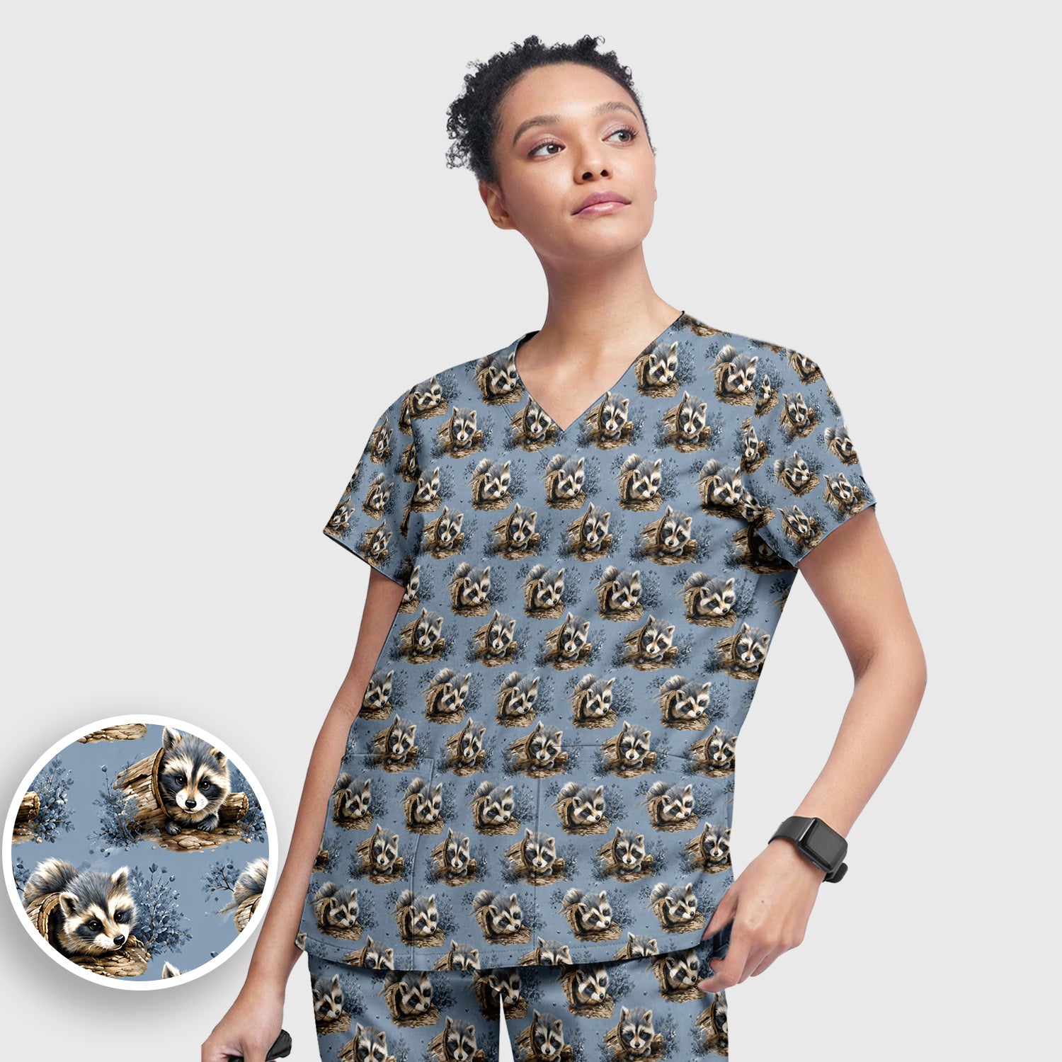 Cute Raccoon In Log Pattern Scrub Set, Scrub Pants and V Neck Top
