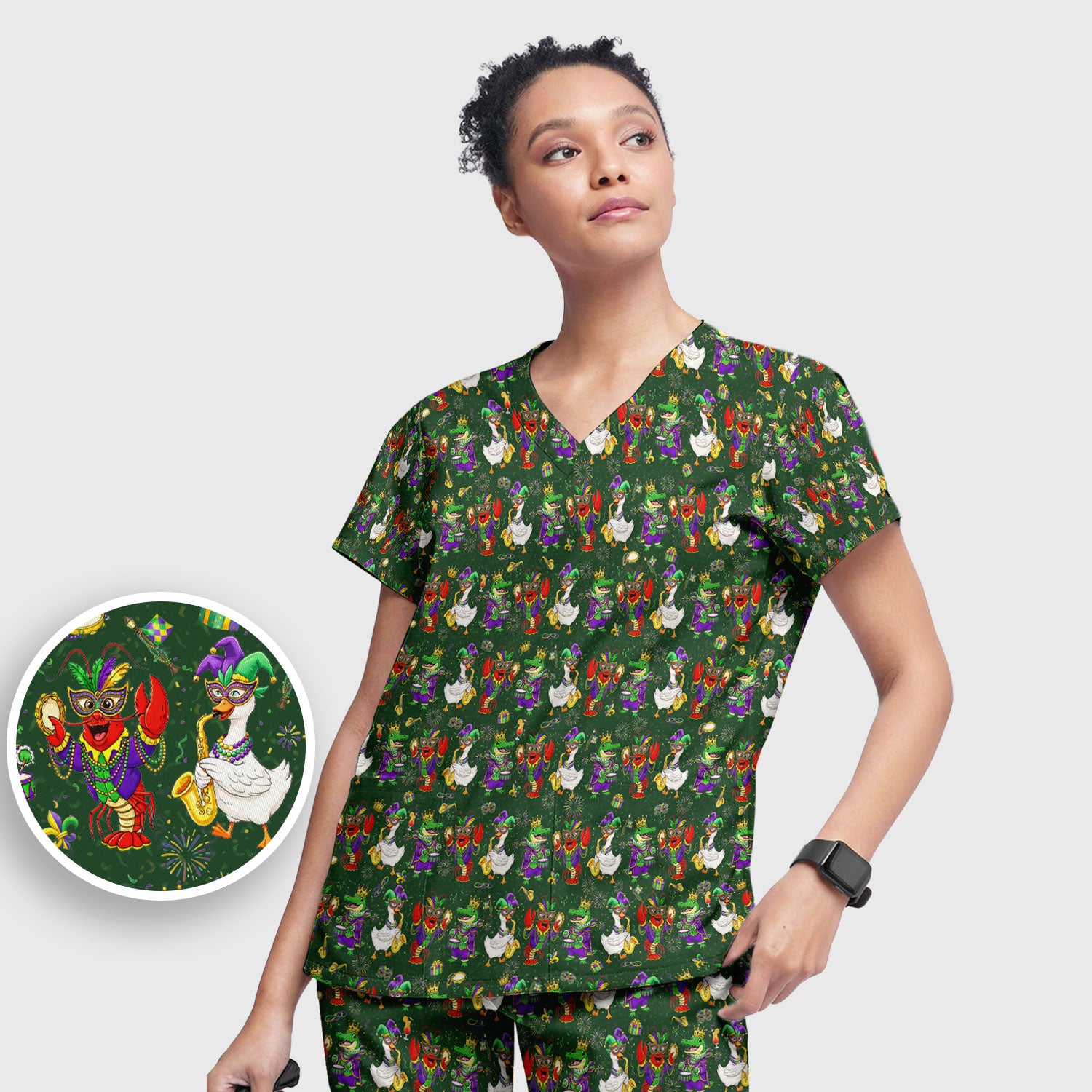 Crawfish And Duck Carnival Scrub Set, Mardi Gras Parade Pattern Nurse Shirt, Breathable Fabrics Nursing Uniform