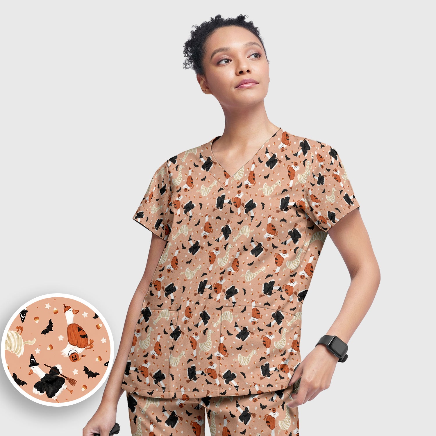 Halloween Goose with Pumpkin Bat Pattern Scrub Set, Scrub Pants and V Neck Top