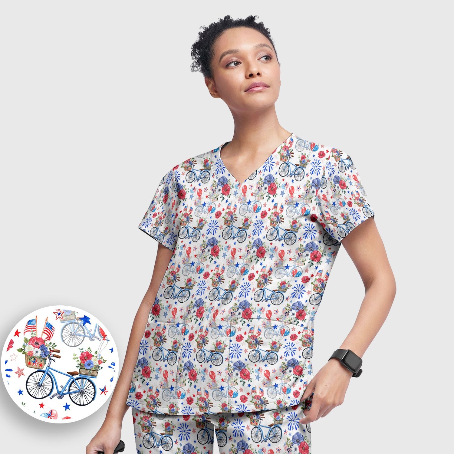 Patriotic Bicycle Floral Fireworks Print Scrub Set, Scrub Pants and V Neck Top