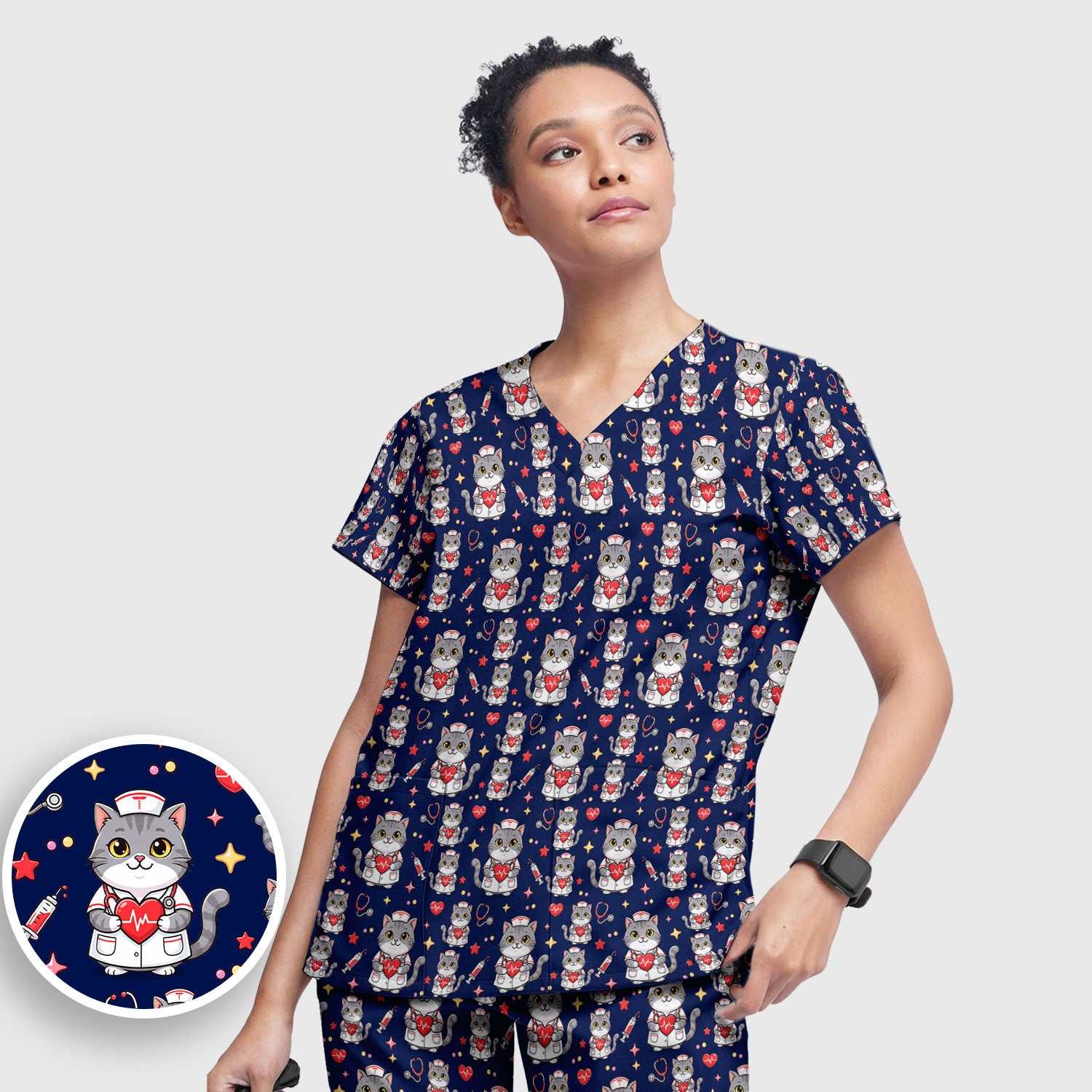 Cute Nurse Cat Heart Medical Print Scrub Set, Scrub Pants and V Neck Top