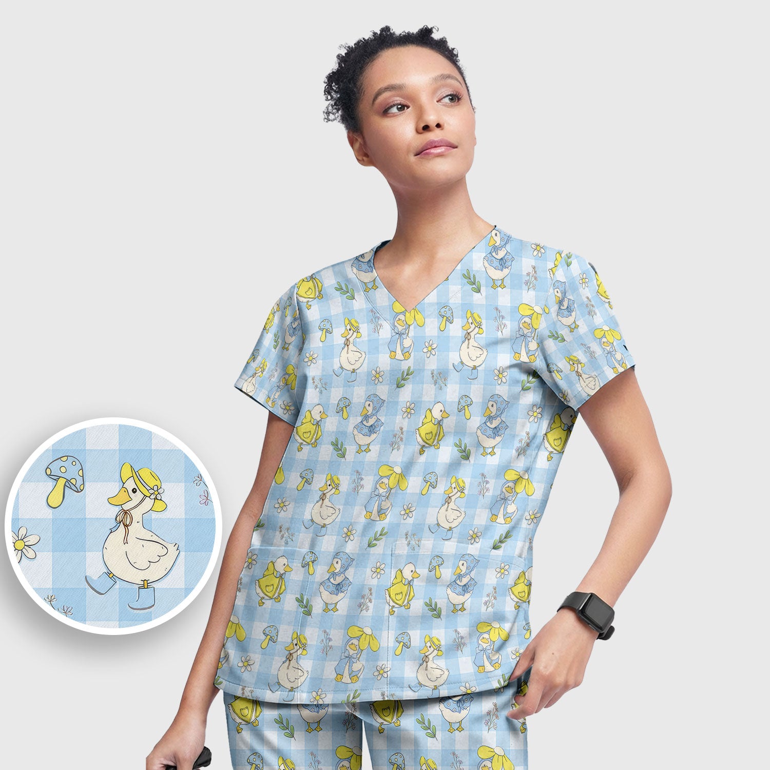 Cute Duck Outfit Gingham Pattern Scrub Set, Scrub Pants and V Neck Top