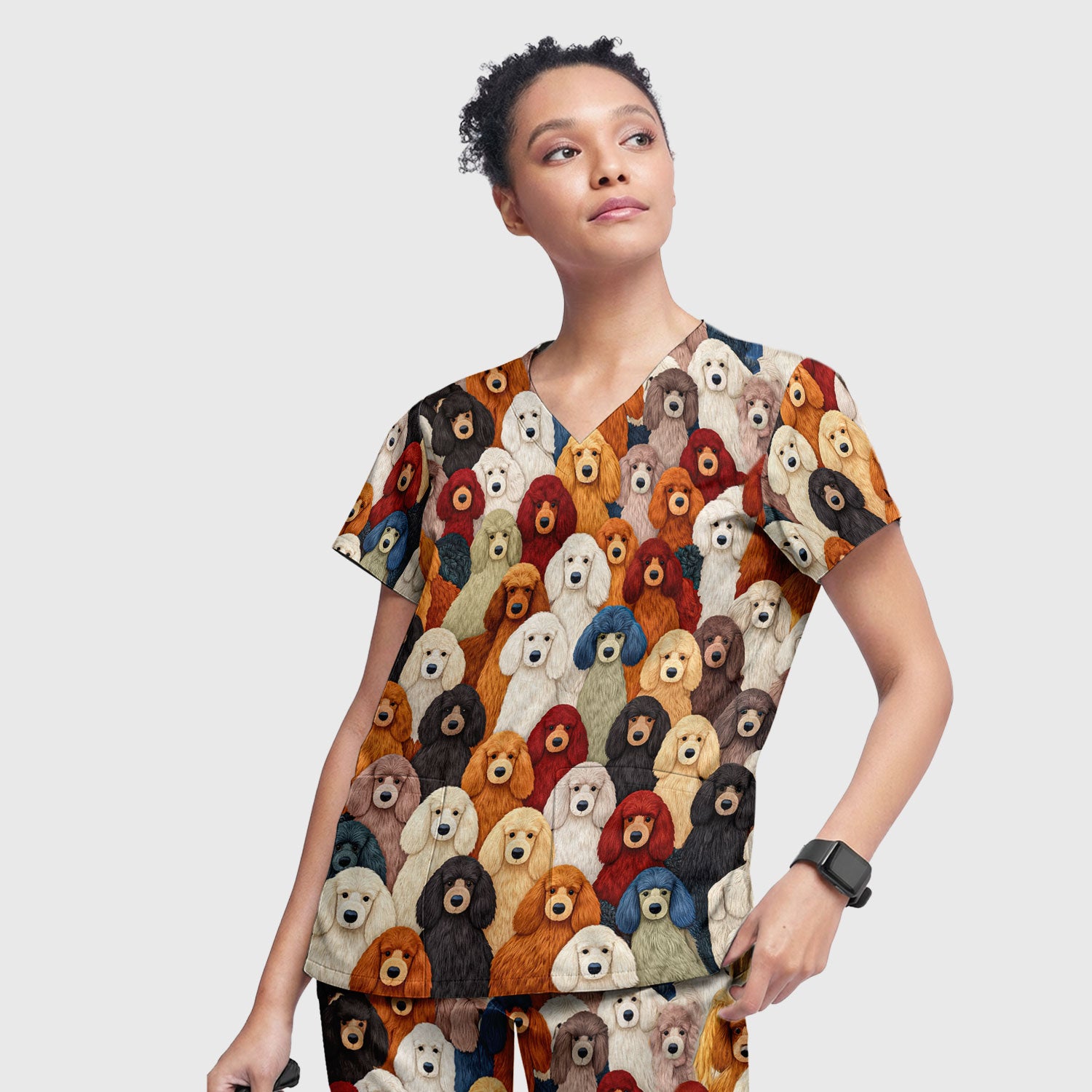 Multicolor Poodle Dog Pattern Scrub Set, Scrub Pants and V Neck Top