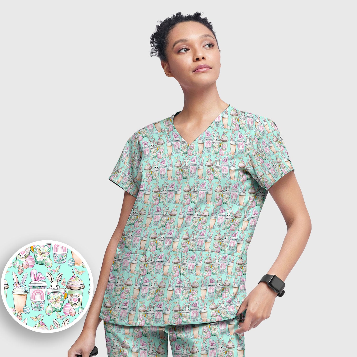 Cute Easter Bunny Coffee Cup Pattern Scrub Sets, Scrub Pants and V Neck Top