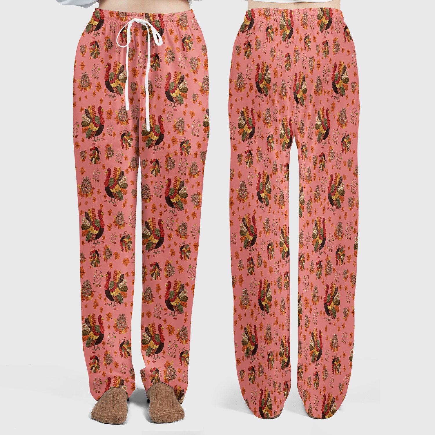 Thanksgiving Turkey Nurse Scrub Sets for Women - Fall Leaves Scrub Pants and V Neck Top - Autumn Nursing Uniform