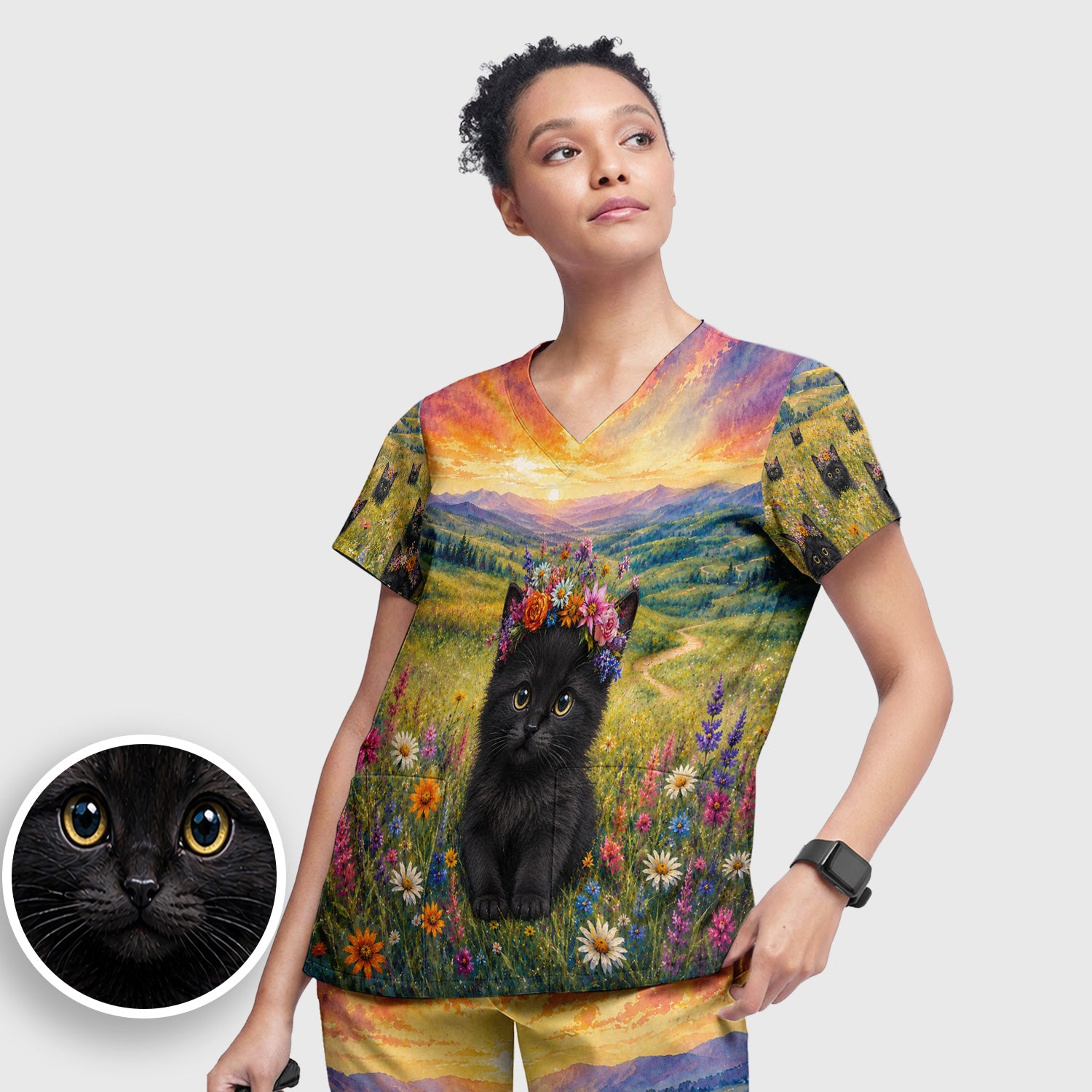 Black Kitten Flower Meadow Pattern Scrub Set, Scrub Pants and V Neck Top